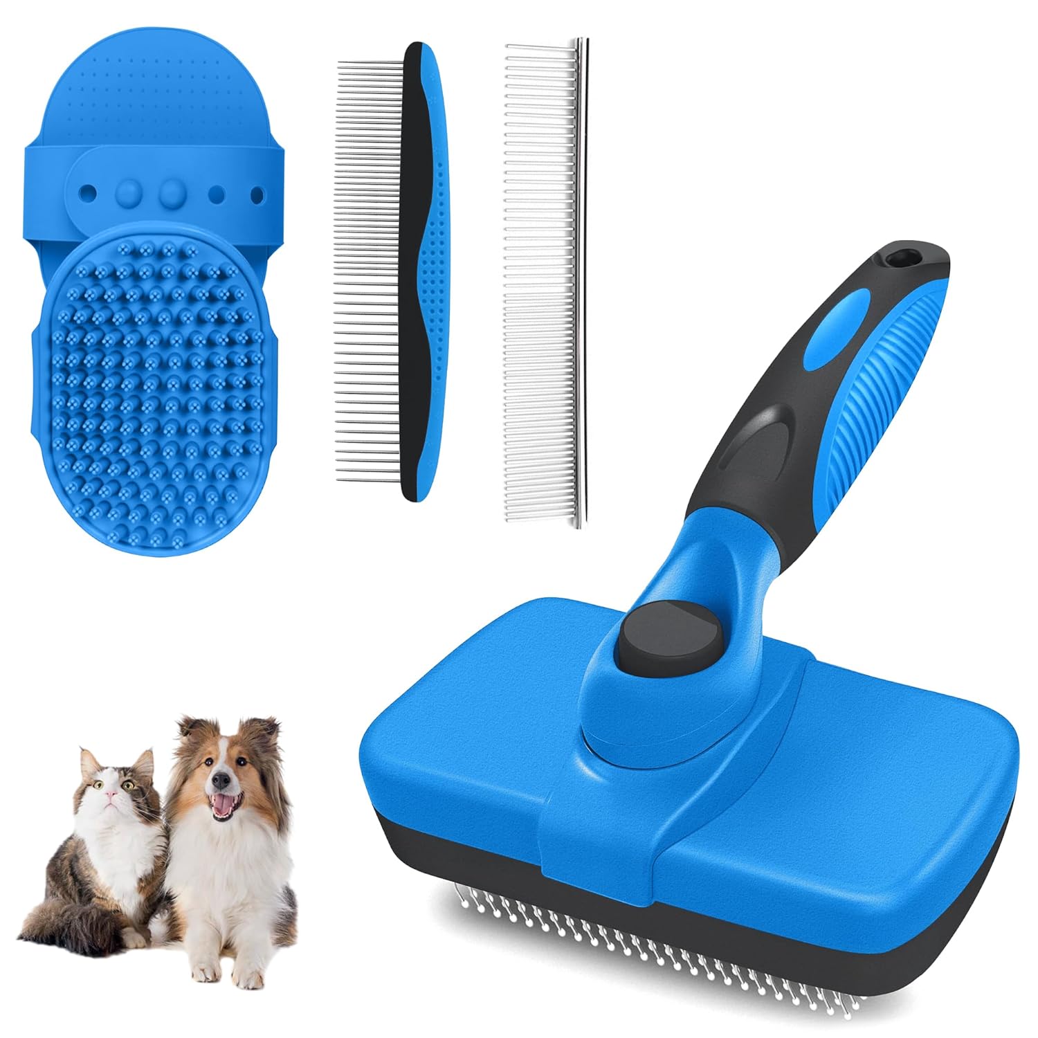 Self Cleaning Shedding Brush – 5-in-1 Professional Pet Grooming Kit Skin Friendly Grooming Tool for Dogs, Cats, and Puppies, Deshedding and Hair Removal for Long and Short Haired Pets, Blue
