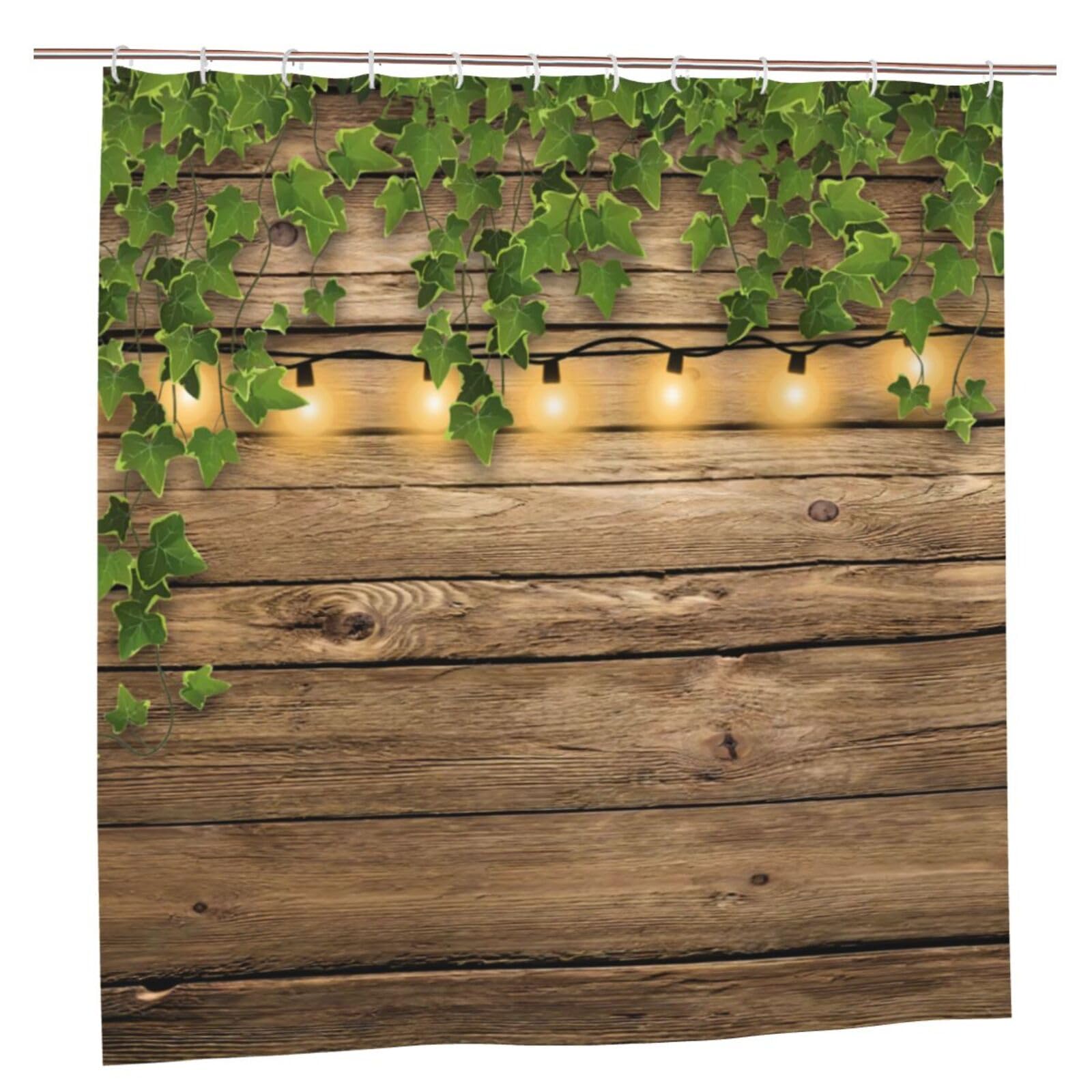 Vintage Wooden Board Door Shower Curtain, Rustic Green Leaves on Farmhouse Country Wood Plank Garden Decoration