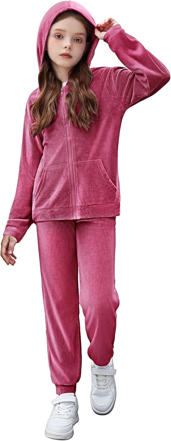 Zaclotre Girls Velour Tracksuits 2 Piece Outfits Zip Up Hoodie and Jogger Sweatpant Sweatsuits Athletic Clothing Sets