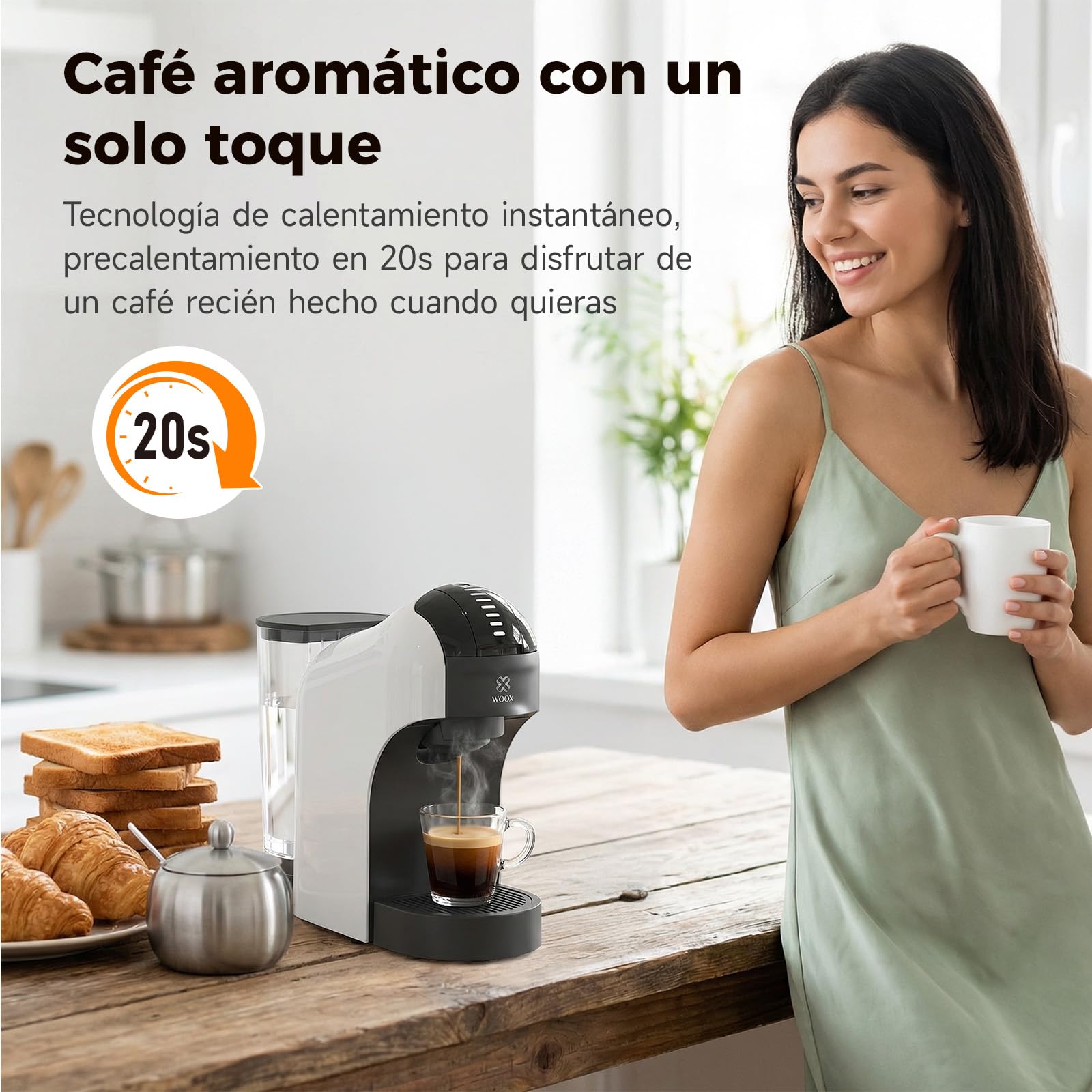 Woox Cafetera Cápsulas, 20 bares de presión, 1400W potencia, Compacta, Apta para Café Molido, Dolce Gusto, Nespresso y K-fee, Depósito Extraíble de 850ml, Apagado Automático