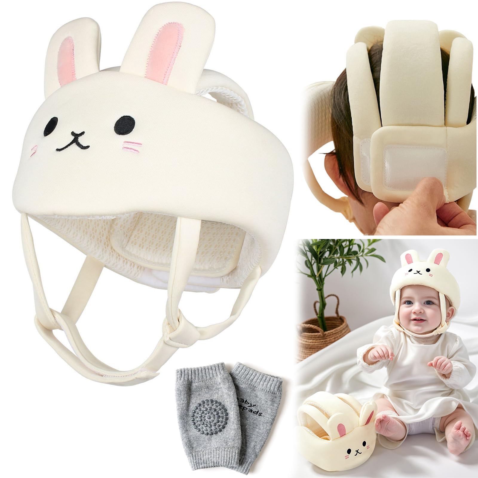 RAYRIT [Upgrade] Baby Safety Helmet Infant Toddler Breathable & Adjustable Soft Head Cushion Bumper Bonnet for Running Walking Crawling with Soft Knee Pads (1, Beige)