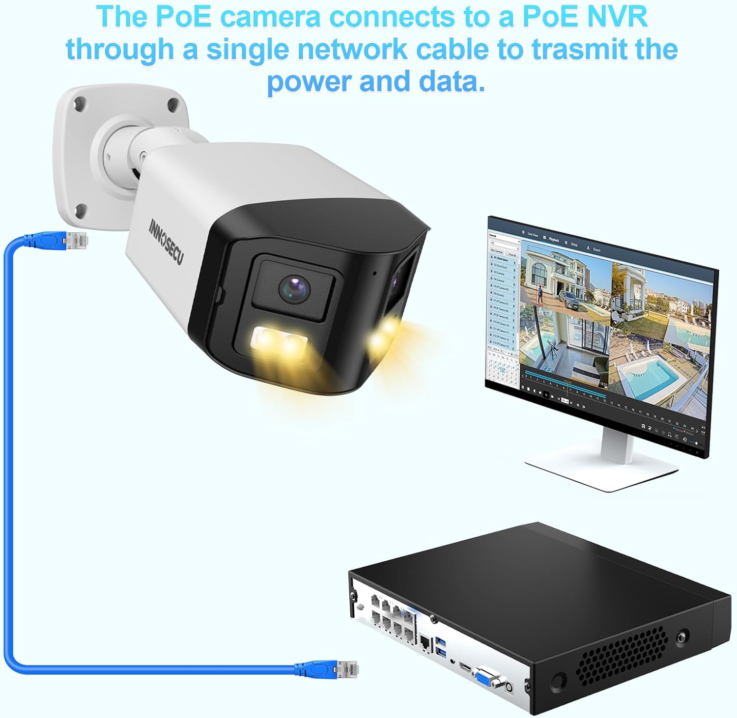 8MP Dual Lens IP PoE Camera, 2X 4MP Security Bullet Surveillance Camera with 180° Angle View, Waterproof IP67, Light Color Night Vision, Two-Way Audio, Human/Vehicle Detection, INB8CD58A