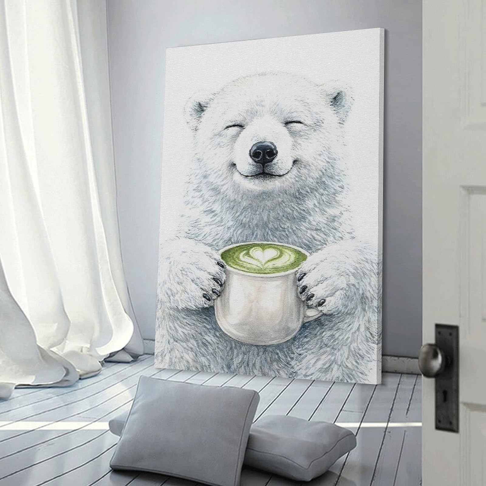 Junmoney Happy Polar Bear with Matcha Latte Canvas Art Print 24x36inch(60x90cm), for Gallery Wall Layouts in Home Or Office, Decorative Artwork with Flexible Styling