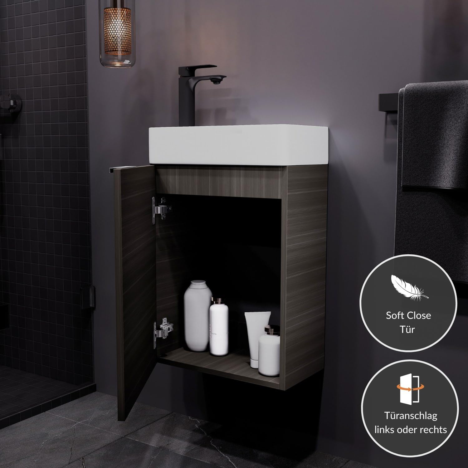 Planetmöbel Waschtisch mit Unterschrank 40 cm, Gäste-WC & Bad | Badmöbel Set für kleine Bäder, Keramik Waschbecken, Waschtischunterschrank für Badezimmer, Gäste-Bad & WC, anthrazit