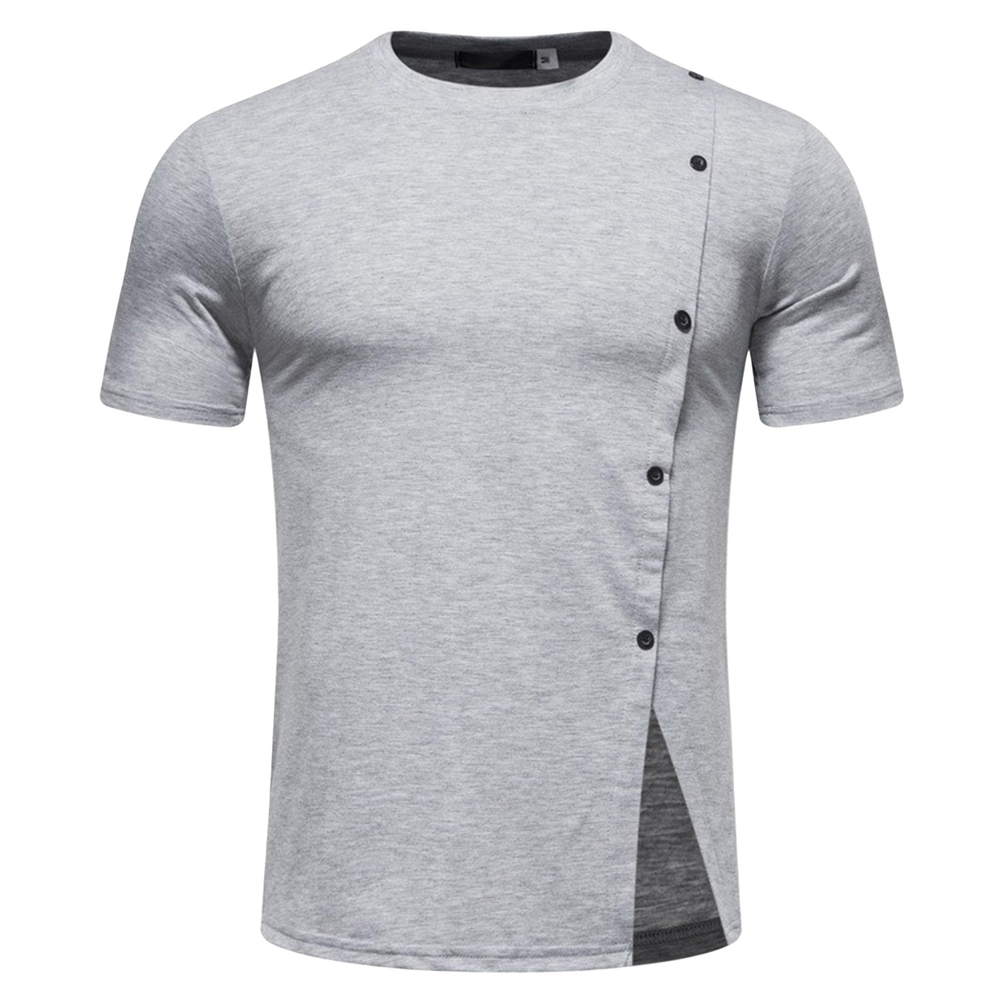 Men Split Hem Irregular Short Sleeve Shirt Crew Neck Button Decorate T Shirts Summer Trendy Fashion Simple Pullover (Light Grey,Large)