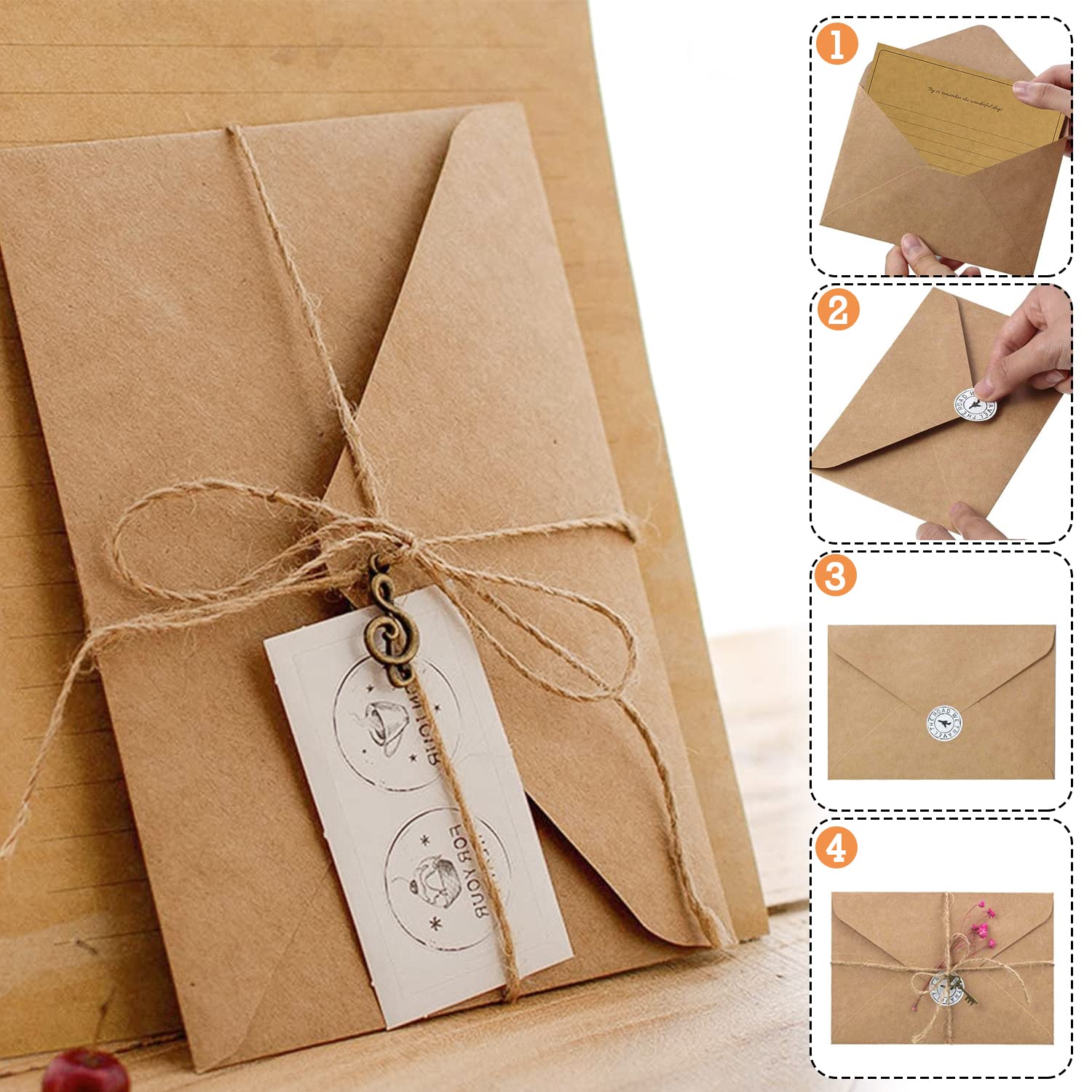 ZEFAN Vintage briefpapier set, 24 stuks schrijfpapier met A5-envelop, 12 kraftenveloppen, 12 metalen accessoires, 12 jute touw, 12 afdichtingsstickers, vintage stijl ZEFAN Vintage briefpapier set, 24 stuks schrijfpapier met A5-envelop, 12 kraftenveloppen, 12 metalen accessoires, 12 jute touw, 12 afdichtingsstickers, vintage stijl