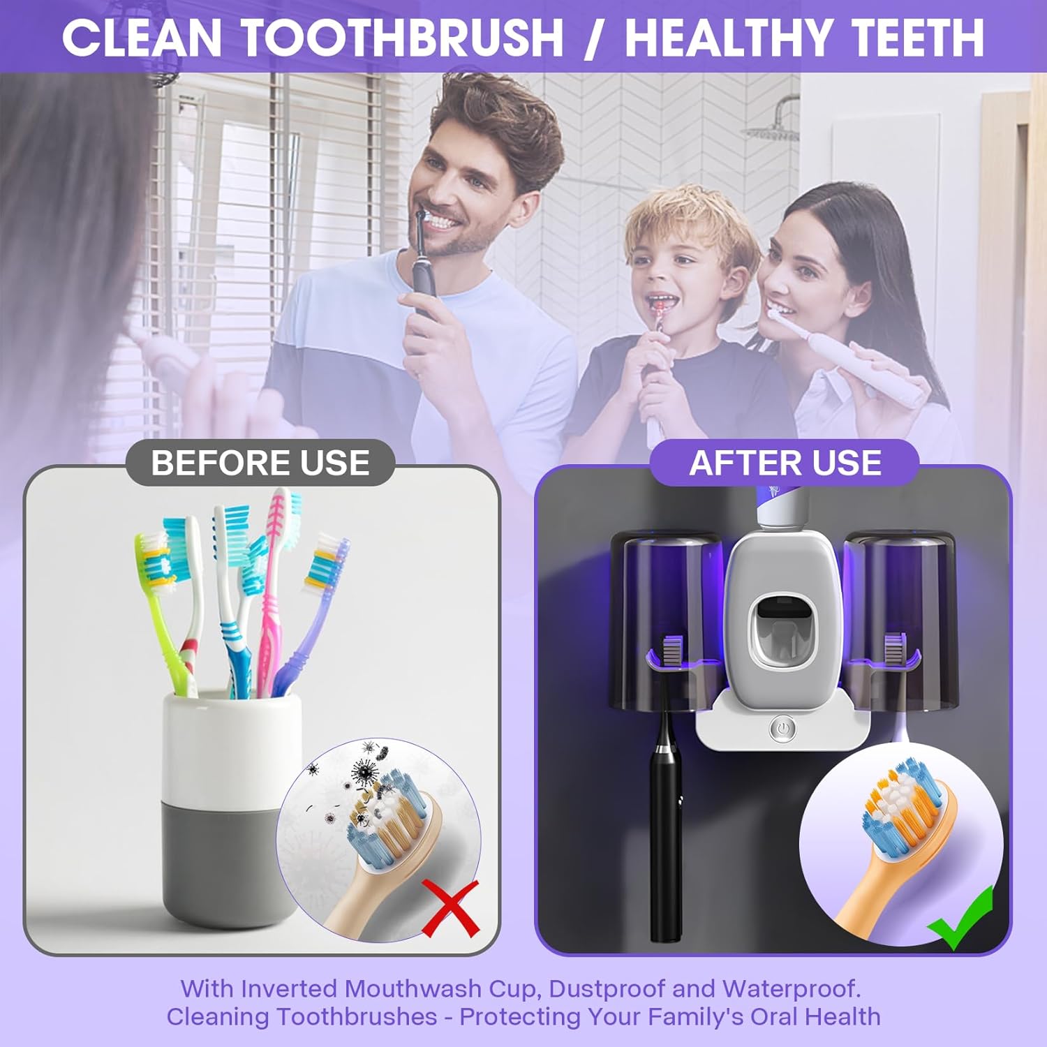 3 in 1 Toothbrush Cleaner Holders,Rechargeable Wall Mounted Toothbrush Holder Toothpaste Dispenser Automatic 2 Cups Tooth Brush Holder for Bathroom, No Drilling, 4 Slots (Grey) - Image 7