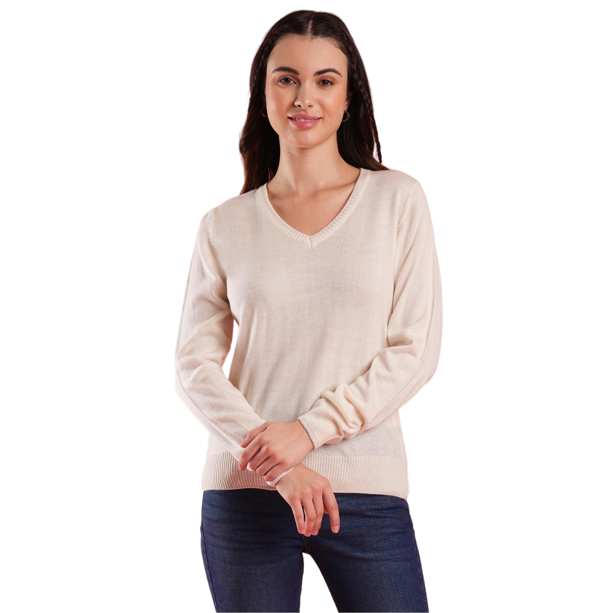 globus Women V-Neck Self Design Ribbed Hem Flat Knitted Pullover Sweater-picture-12