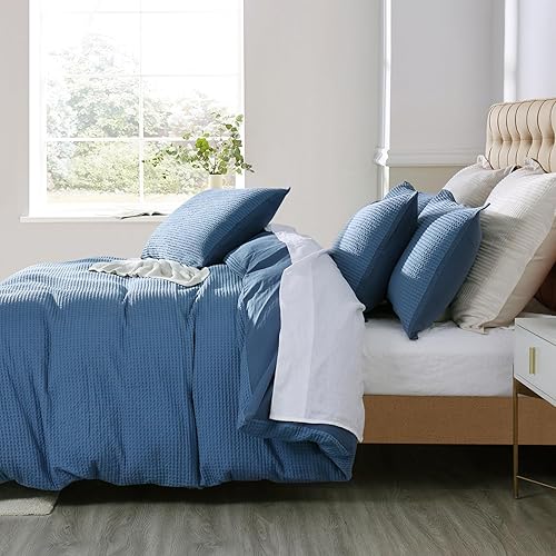 Miniatura 4 de Juego de funda de edredón de tejido de gofre, tamaño Queen, 100 % algodón, con cierre de cremallera, suave, transpirable, texturizada, para todas