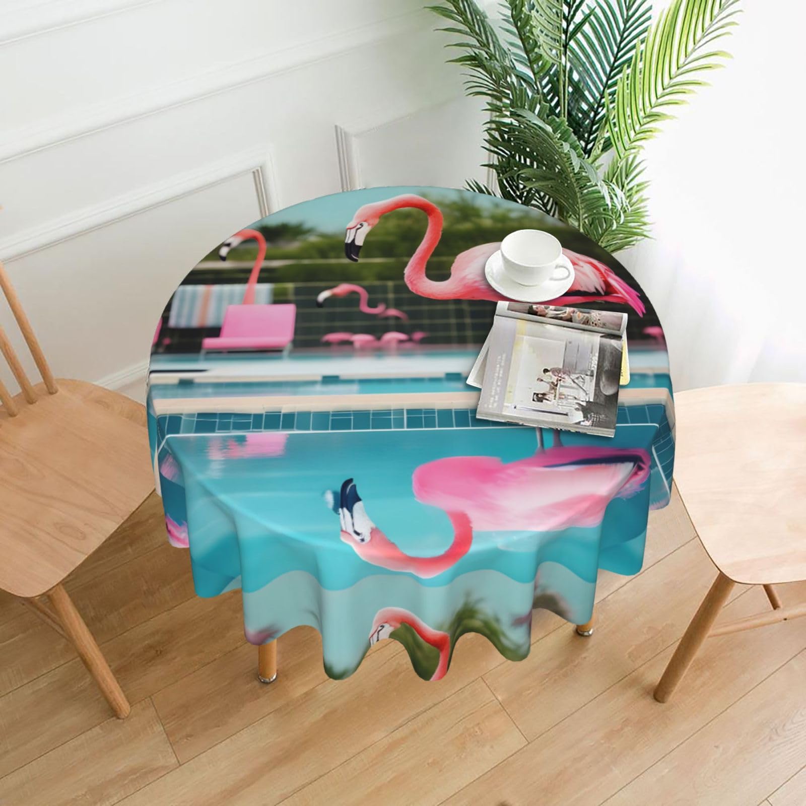 Nbtghga Flamingo And Swimming Pools Print Tablecloth Round Border Table Cloth Cover Decorative For Party Holiday Dinning Tabletop Home
