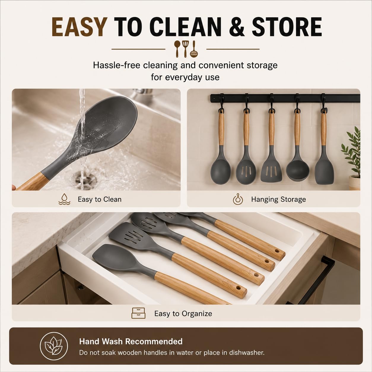 Zollyss Silicone Spatula Set | 5-Piece Premium Silicone Spatula for Non Stick Cookware & Cooking Utensils with Wooden Handles, Heat Resistant Non-Stick Safe Spatula & Spoon Set, Grey — Amazon image 7