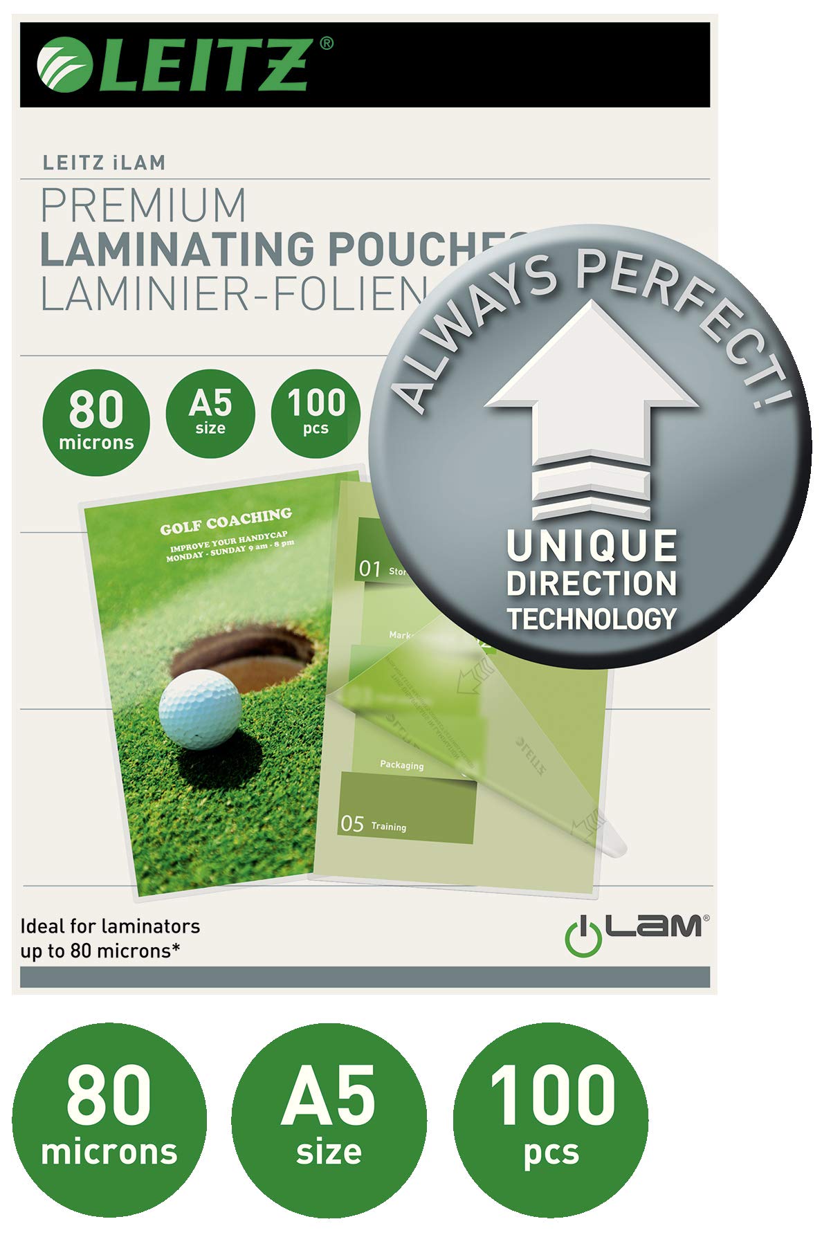 Leitz iLAM Home A4 Laminiergerät, Für 75 bis 125 mic Laminierfolien & Heißlaminierfolien A5 80 mic, Laminierfolien in Premium-Qualität im 100er Pack