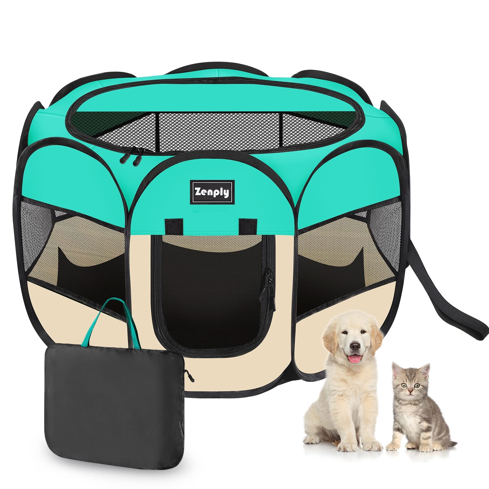 Portable Pet Dog Playpen, Pet Playpen Foldable Extra Heavy Duty Pop Up No Assembly Kennel Tent Crate Indoor Outdoor with Shade Ventilation Mesh for Small Dog, Kitten, Cat, Rabbit (Turquoise,M)