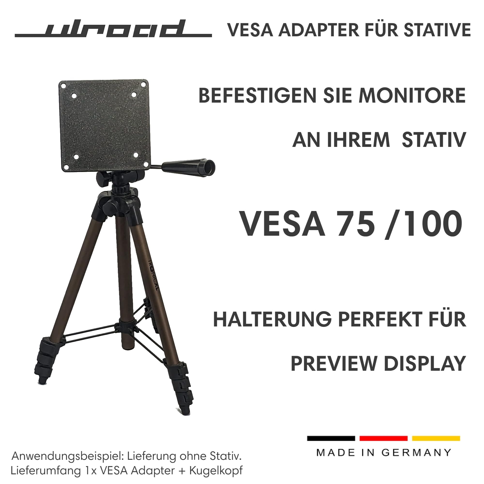 Stativ VESA Adapter 75 I 100 für Kamerastativ mit Kugelkopf-Stativkopf 3/8" 1/4" Monitor Bildschirm Studio Halterung