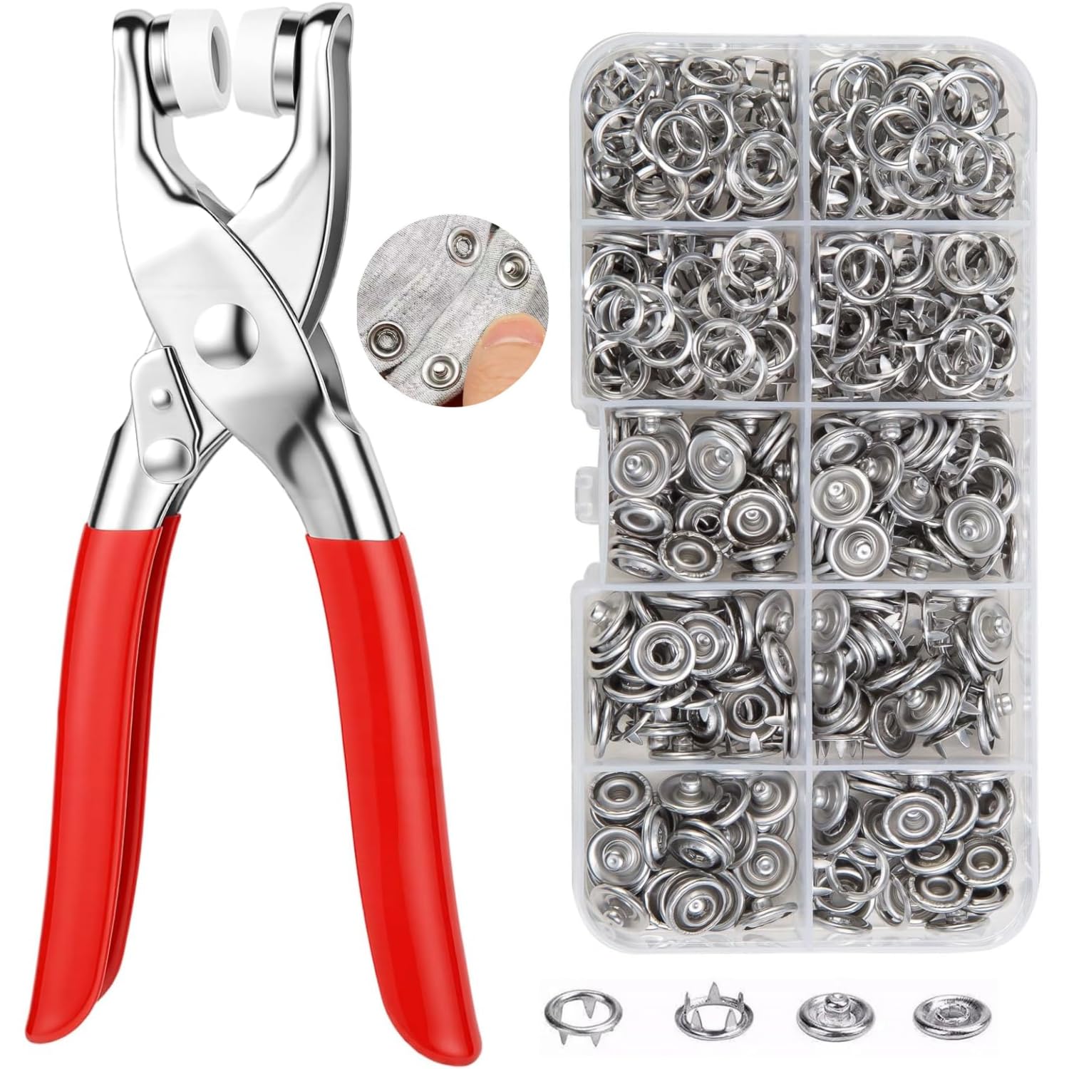 AAMATY Snap Button Fastener Kit with Pliers Tool (100 Sets) – Metal Press Stud Buttons for Clothes, Leather, Bags, DIY Craft – Stainless Steel Snap Kit with Storage Box (Silver)