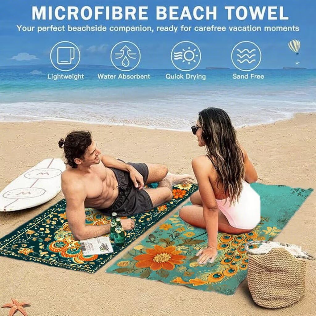 Ręcznik plażowy z motywem pawia dla dorosłych, ręcznik z mikrofibry 90 x 200 cm, duży, 2 sztuki, ręczniki kąpielowe, unikalne, chłonne, szybkoschnące, odporne na piasek, lekka konstrukcja, do jogi