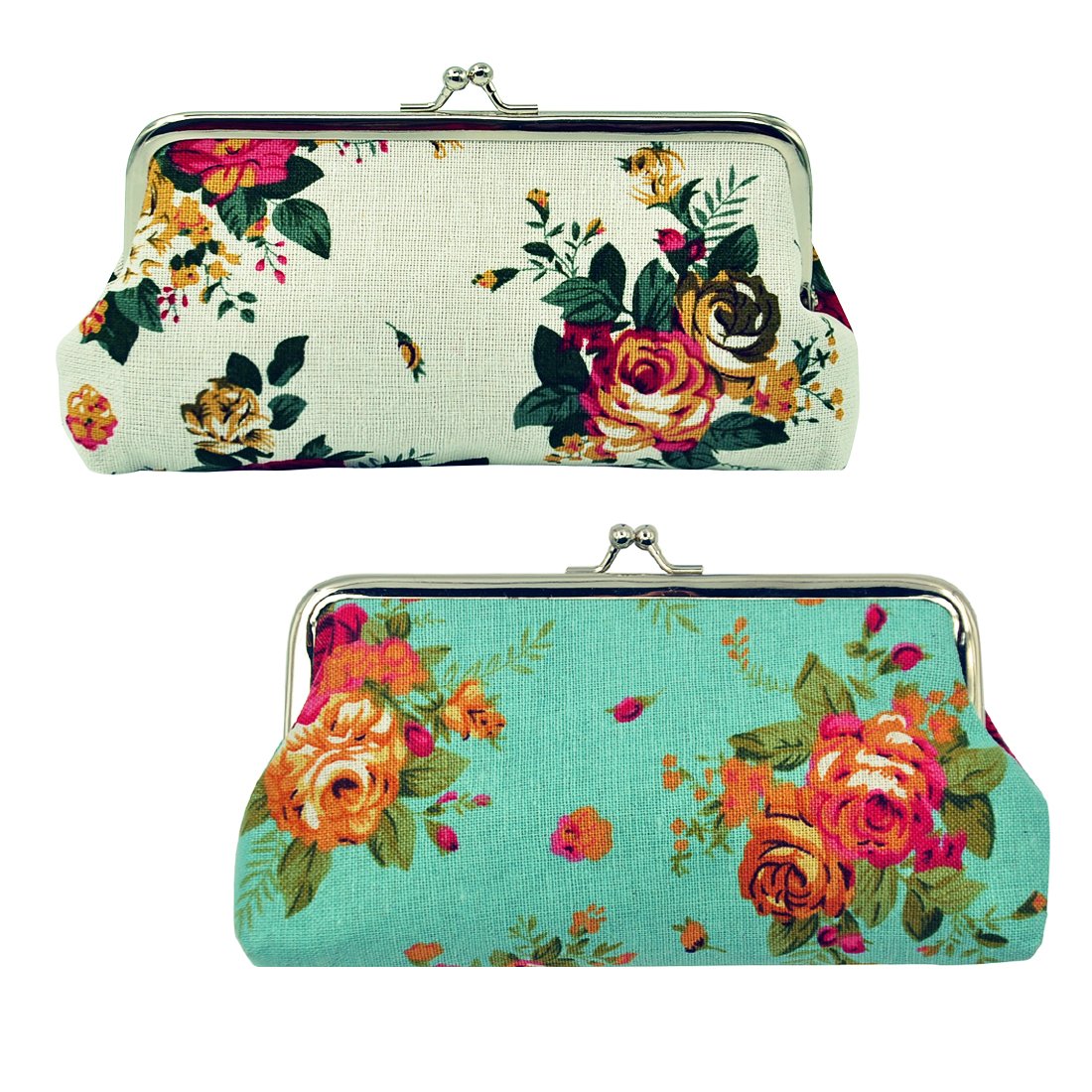Oyachic 2 Packs Rose Pattern Coin Purse Cell Phone Pouch Kiss Lock Clasp Closure Wallet Clip Top Retro Hasp Clutch Bag Canvas Key Coin Holder