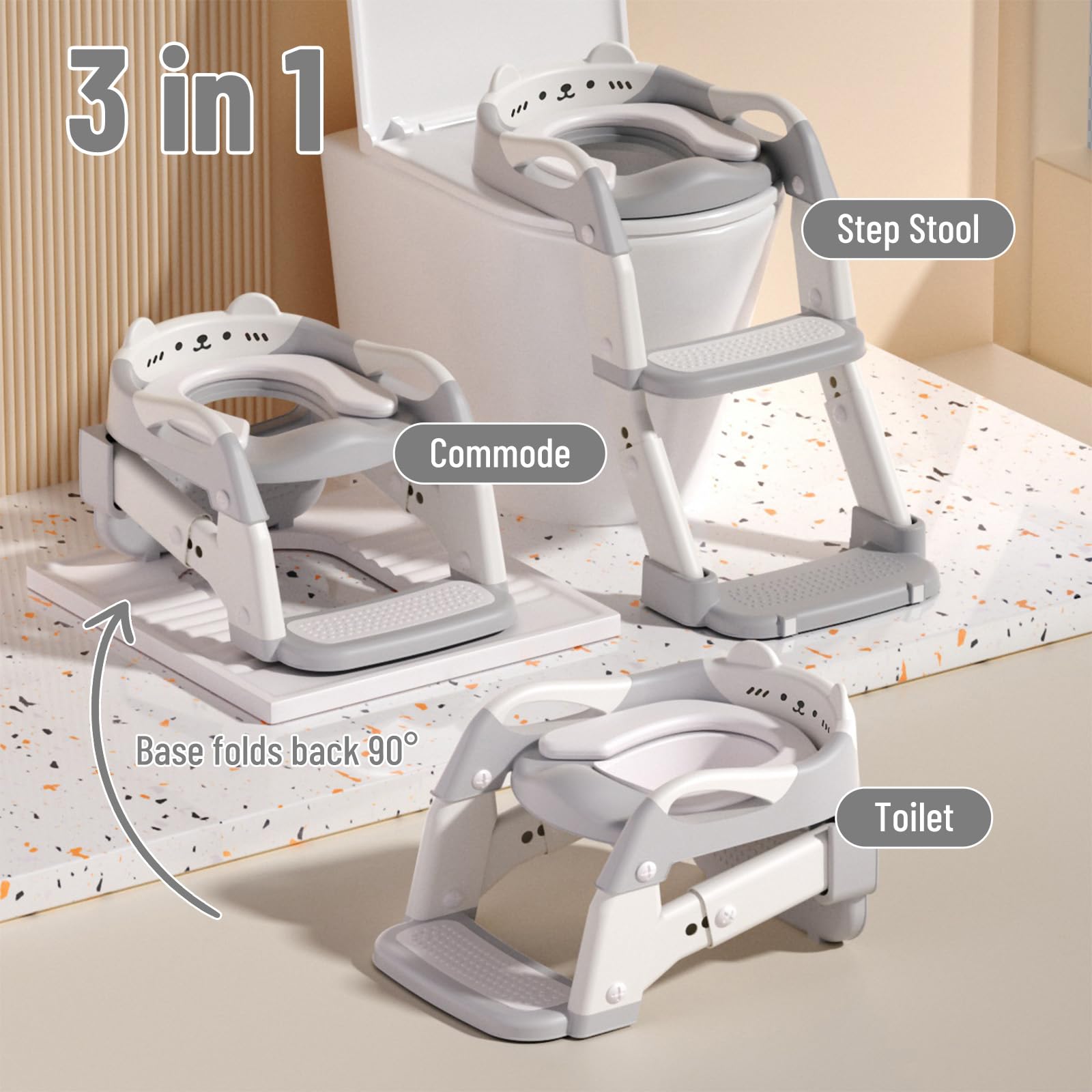 Reducteur Toilette Enfant, Siège Toilette Enfants 3 en 1 Trainer Pot WC, Siège de Toilette, Rehausseur Toilette Enfant avec Coussin pour Enfants Garçons et Filles, Réglable en Hauteur (Gris)