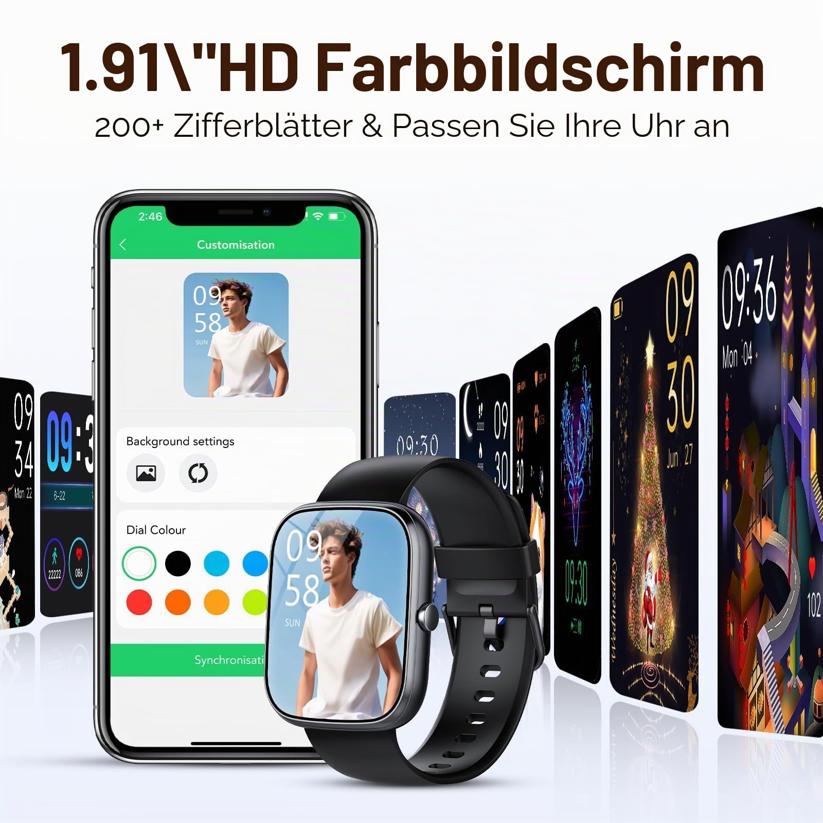 Smartwatch Herren Damen, 1,91" HD Touch Smart Watch mit Telefonfunktion, 115+Sportmodi Sportuhr, IP68 Fitness Tracker mit Herzfrequenz SpO2 Schlafmonitor Schrittzähler für Android iOS