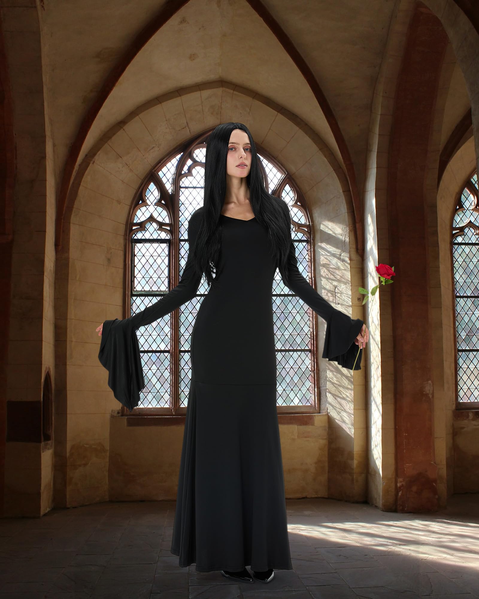 Amazon.com: Suhine 3 Pcs Halloween Cosplay Costumes for Women Vintage  Gothic Witch Long Sleeve Dress Maxi Straight Black Wig Rose (Small) :  Clothing, Shoes & Jewelry