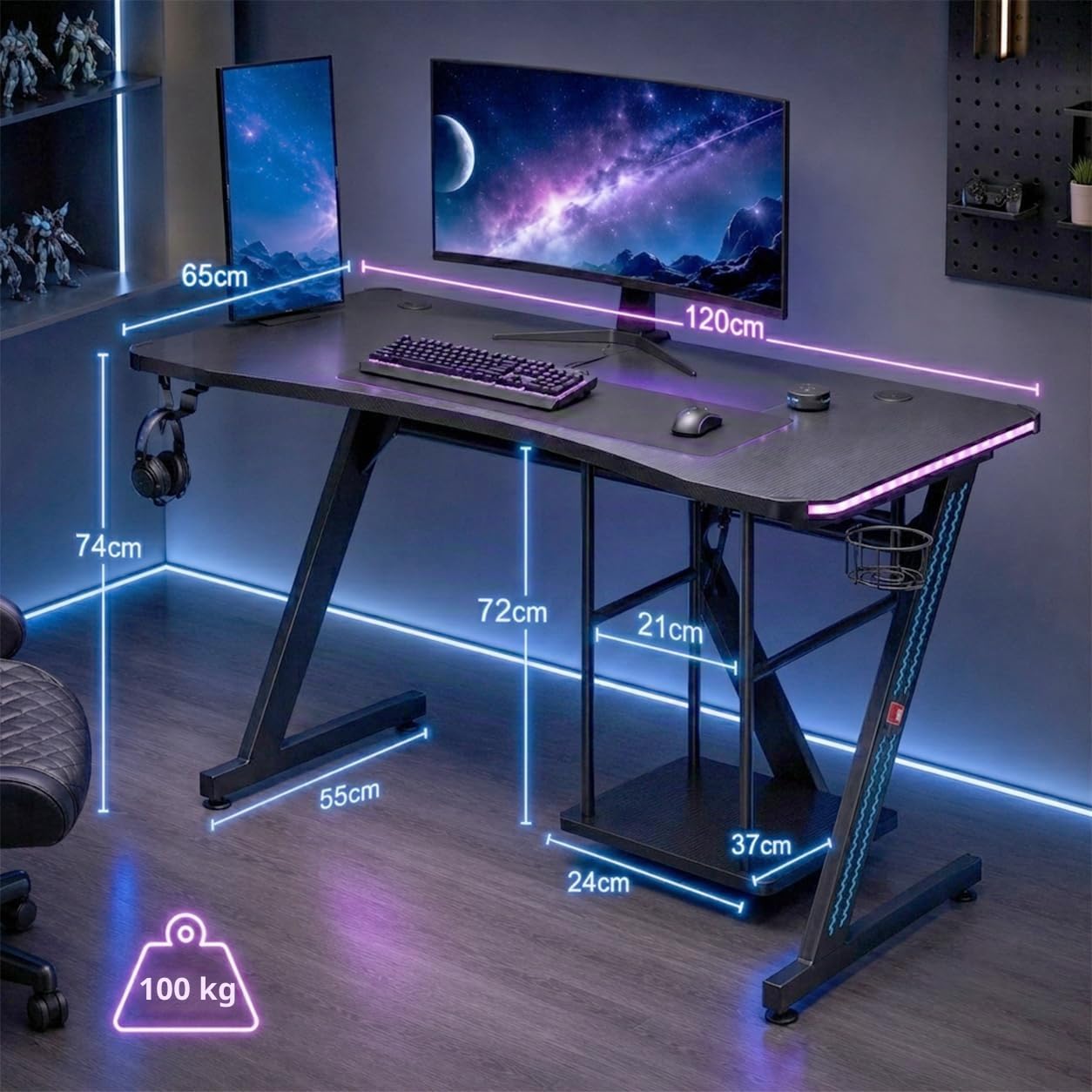 MY SIT Gaming Tisch Gizmo mit Farbwechsel LED Beleuchtung - Kopfhörerhalter PC-Halter und Getränkehalter - Leistungsstarkes Kabelmanagement - Gamer Schreibtisch Gaming Computertisch in Schwarz