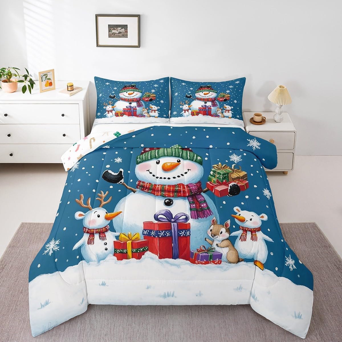 Kawaii Xmas Snowman Bedding Set Twin Size Childlike
