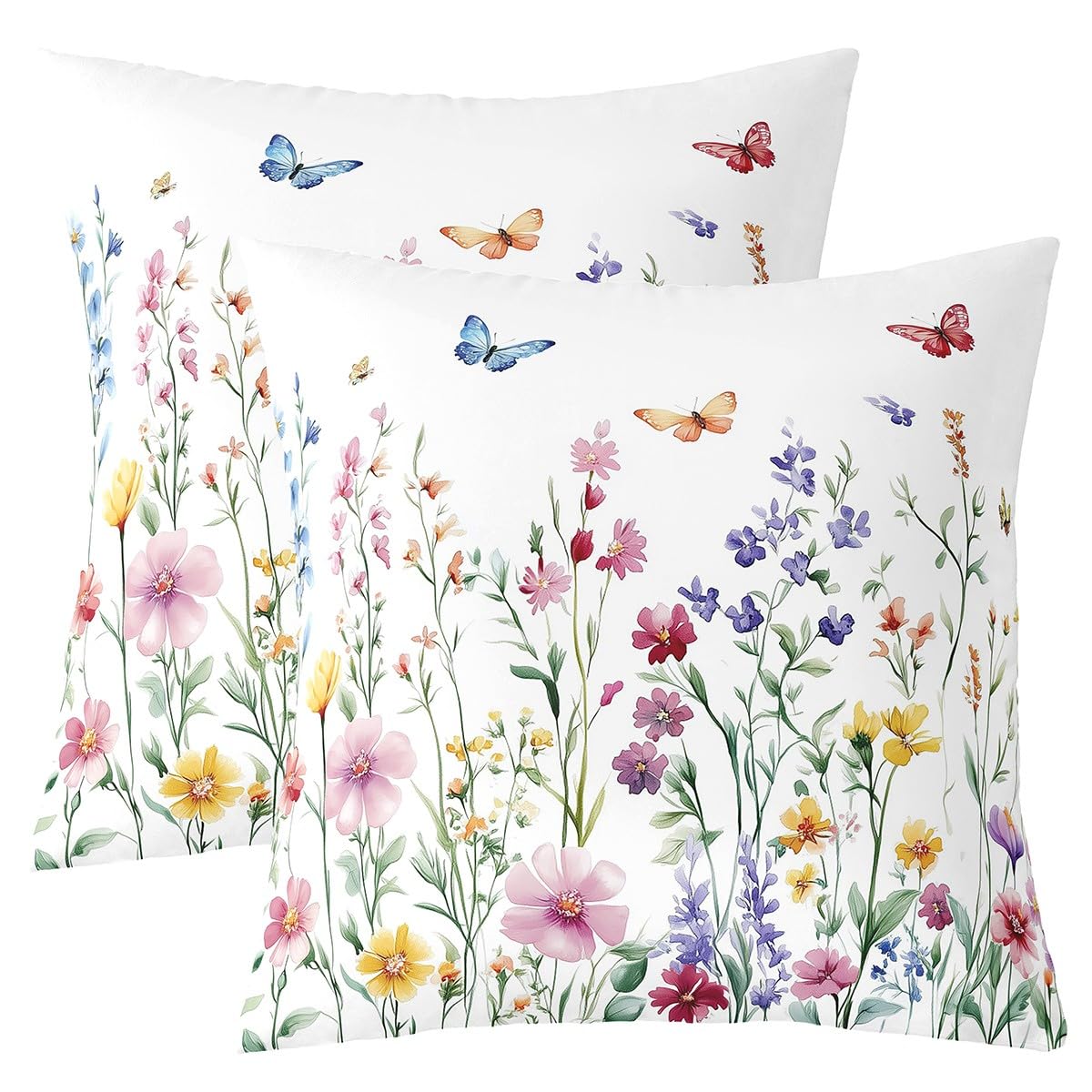 Homemissing Girl Butterfly Floral Throw Pillow Covers Set of 2 50x50cm Garden Flower Square Cushion Covers Watercolor Plant Design Pillow Case Cushion Case for Couch Sofa Bedroom Decor