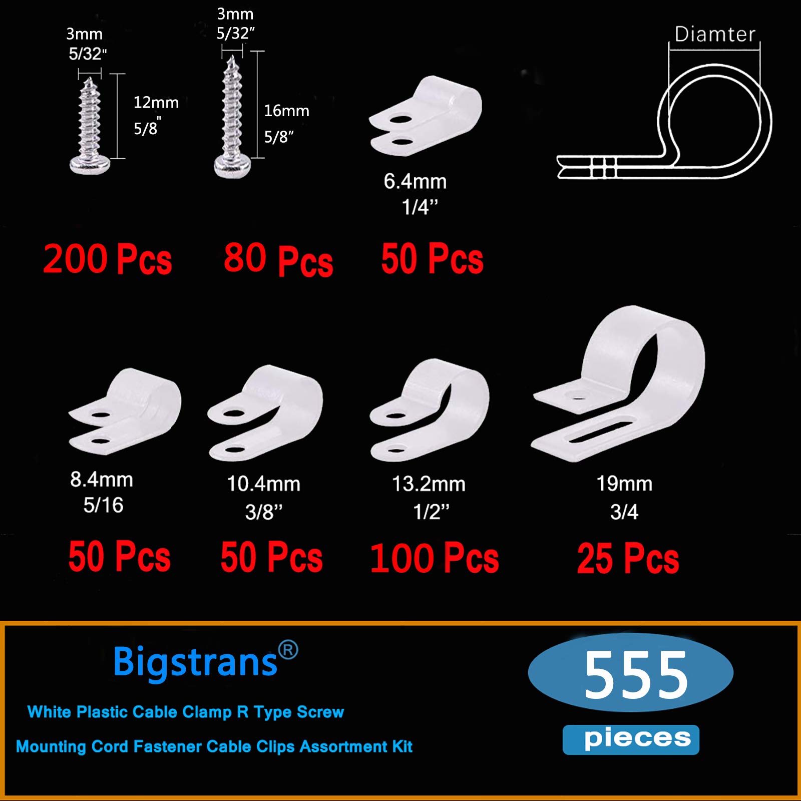 Bigtrans Nylon Kabelklemmen Set – 5 Größen, 300 Teile, Mit Schrauben Für Kabelmanagement