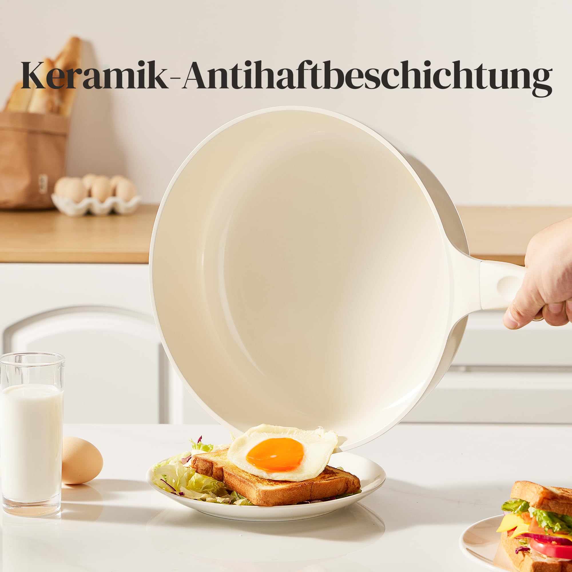 Redchef Set di 11 pentole in ceramica con coperchio in vetro - Senza PTFE - Senza PFAS - Adatto a tutti i tipi di piano cottura - Lavabile in lavastoviglie (beige)