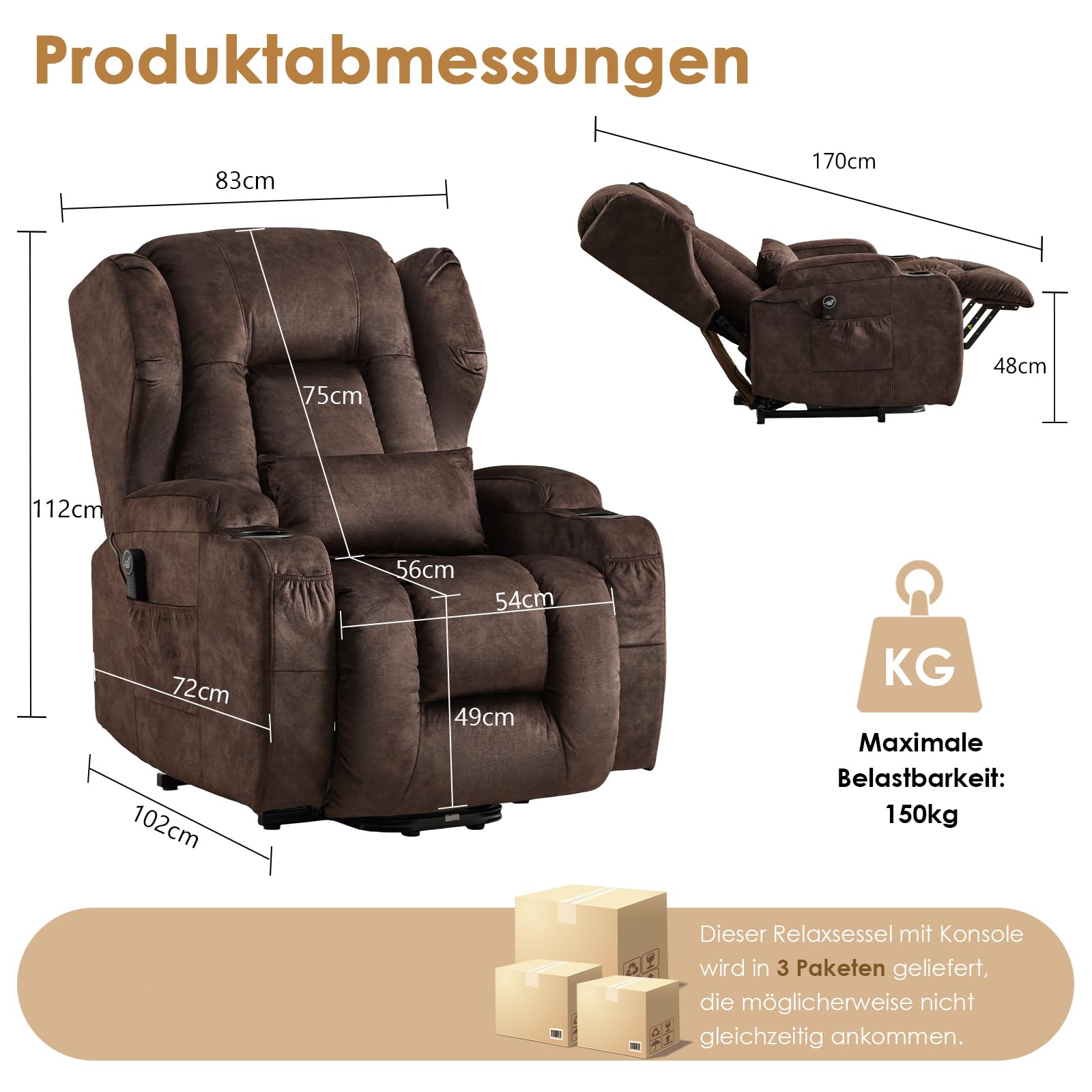 SAMERY Fernsehsessel mit Aufstehhilfe, Relaxsessel mit Liegefunktion, Fernsehsessel Elektrisch Verstellbar TV-Sessel mit Massage Heizung, USB-A, USB-C, Getränkehalter (Kastanienbraun, 1 Sessel)
