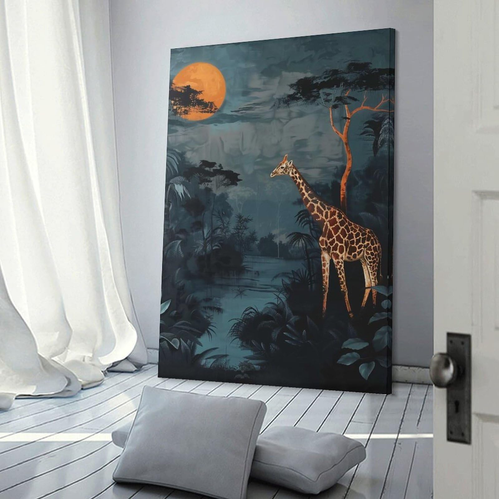 Junmoney Frame-Style-1 Giraffe Under A Full Moon Home Decor Wall Art 20X30inch(50X75cm), For Lounge, Study, Hallway Or Flat Walls, Stylish Home Artwork For Focal Walls