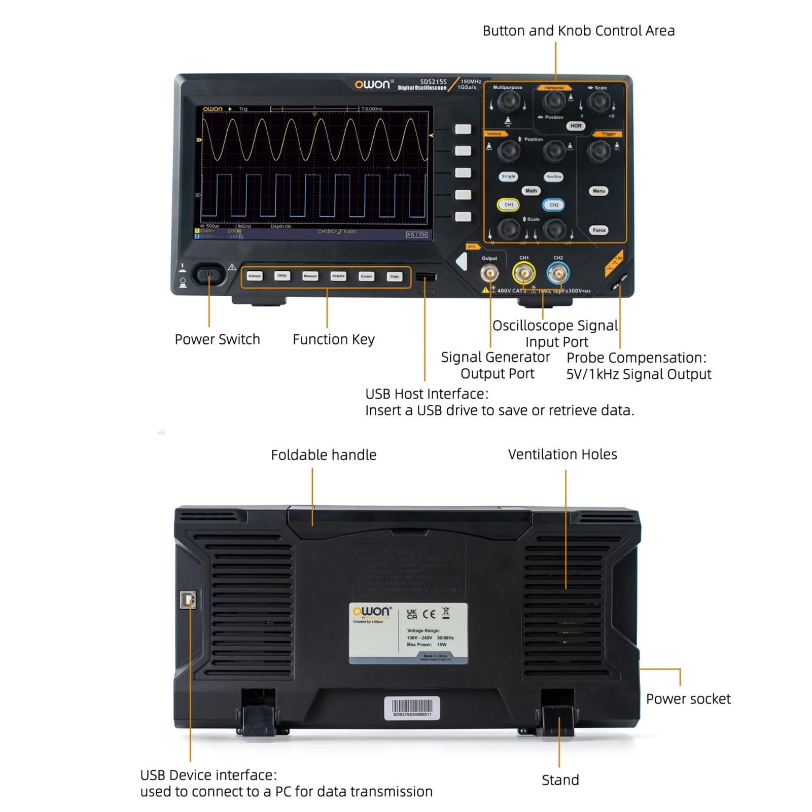 OWON SDS210S Osciloscopio digital 100 ancho de banda 2 canales 25 MHz forma de onda aleatoria 1 GS/s FFT+ 25MHz Generador de señal de 14 bits