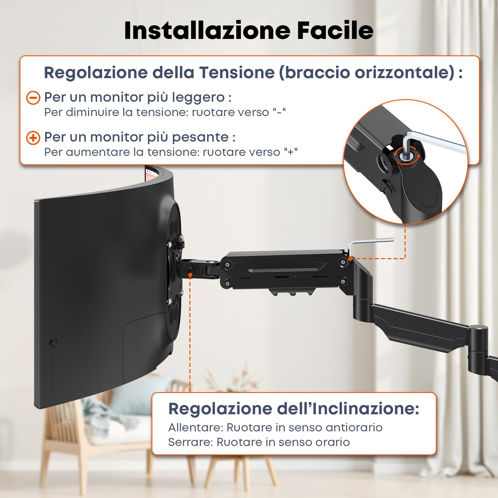 Braccio da Parete per Monitor 17-32 Pollici - Supporto Extra Lungo con Ammortizzatore a Gas Regolabile, per Schermi LED/LCD/TV fino a 9 kg, VESA 75/100, Nero