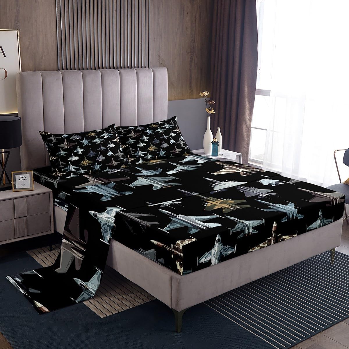 Erosebridal Modern Airplane Bed Sheets Set Queen Size, Fighter Aircraft Sheet Set for Kids Boys Youth Men, Camo Military Jet Print Sheets, Army Fighter Jet Flat Fitted Sheet, Black