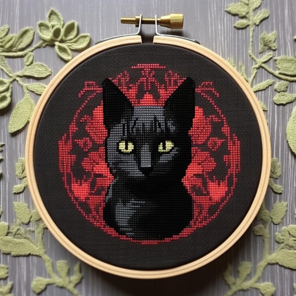 Generic Black Cat DIY Stamped Cross Stitch Kits Easy for Beginners and Children with Hoop 11CT Needlepoint Counted Embroidery Kits Art Craft Wall Decoration 12x12inch(3)
