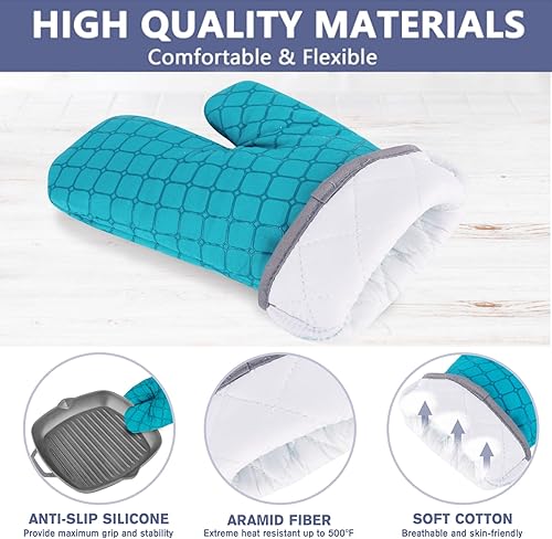 Vista 10 de 6 guantes de horno y soportes para ollas, resistentes al calor de 500 ℉ con toallas de cocina, forro de algodón suave y superficie de silicona Gris