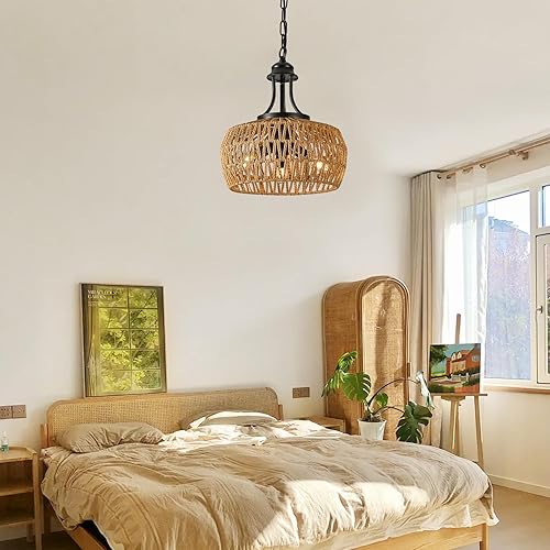 Miniatura 6 de Candelabro para entrada, candelabro bohemio de 3 luces con pantalla de mimbre, candelabros costeros de altura ajustable, iluminación colgante