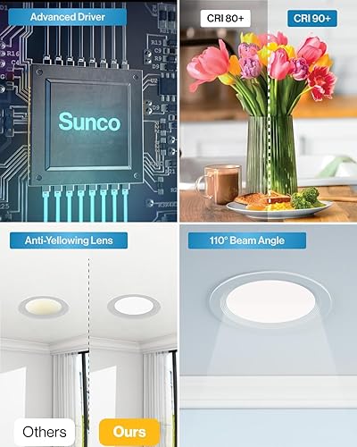 Miniatura 7 de Sunco - Paquete de 24 lámparas de techo empotrables LED ultrafinas de 4 pulgadas, 4000 K, blanco frío, regulable, 10 W, borde deflector, oblea sin