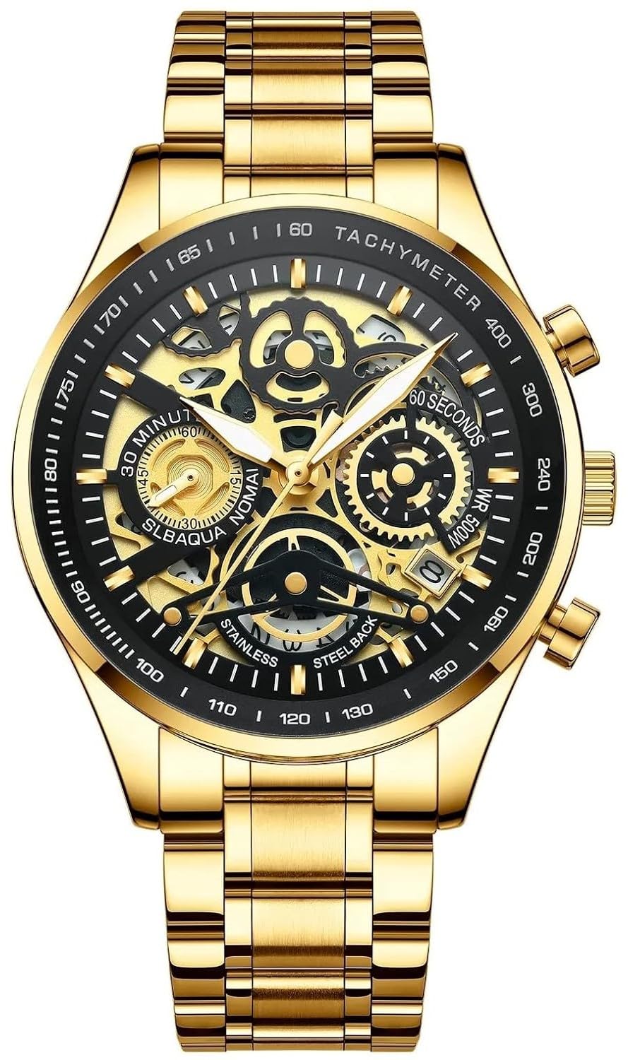 NIBOSI Casual Hollow-Out Mechanical Design Mens Stainless Steel Watch Multi Functional Chronograph Quartz Watch for Mens (Black/Gold) (B0BSXQ73QS) Amazon Price History, Amazon Price Tracker