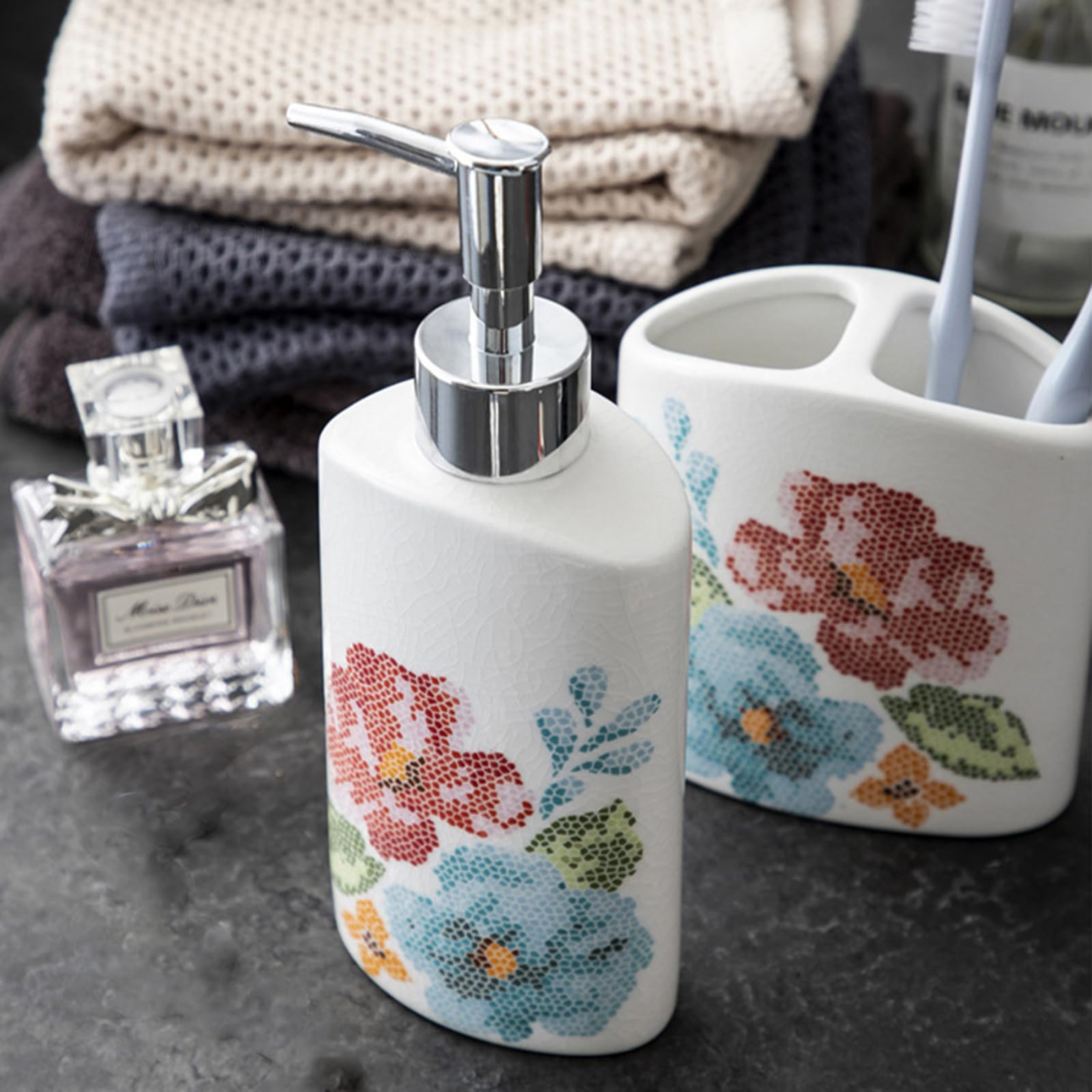 Set de Accesorios de Baño, 5 Piezas, Dispensador de Jabón Blanco, Porta Cepillo de Dientes, Jabonera,