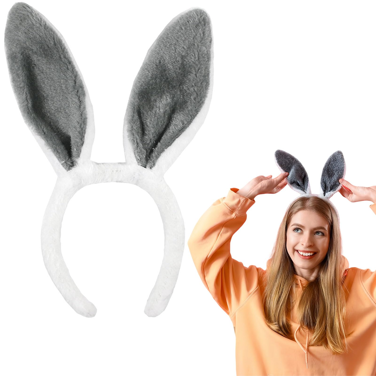 HIFANMM Bunny Headband Rabbit Ears Hair Bands for Women Girls, Gery Cute Plush Ears Hair Accessories Easter Day Decoration Headdress Party Supplies