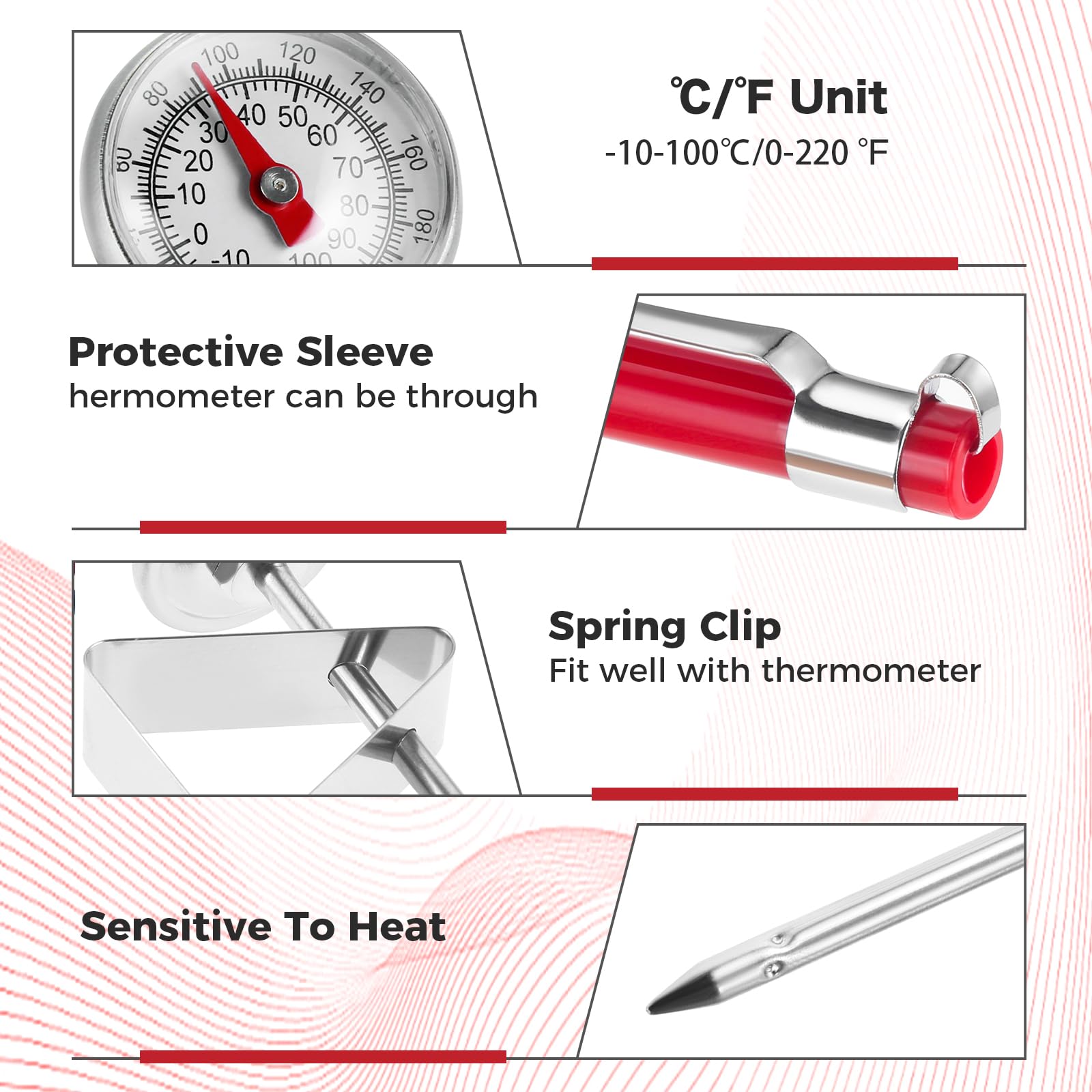 MOOTVGOO 6 Pack Immediate Read Pocket Thermometer, 1 Inch Stainless Steel Dial Food Thermometer with 6 PCS Red Plastic Sleeves of Thermometers and 6 PCS Clips for Coffee Drinks Chocolate Milk Foam