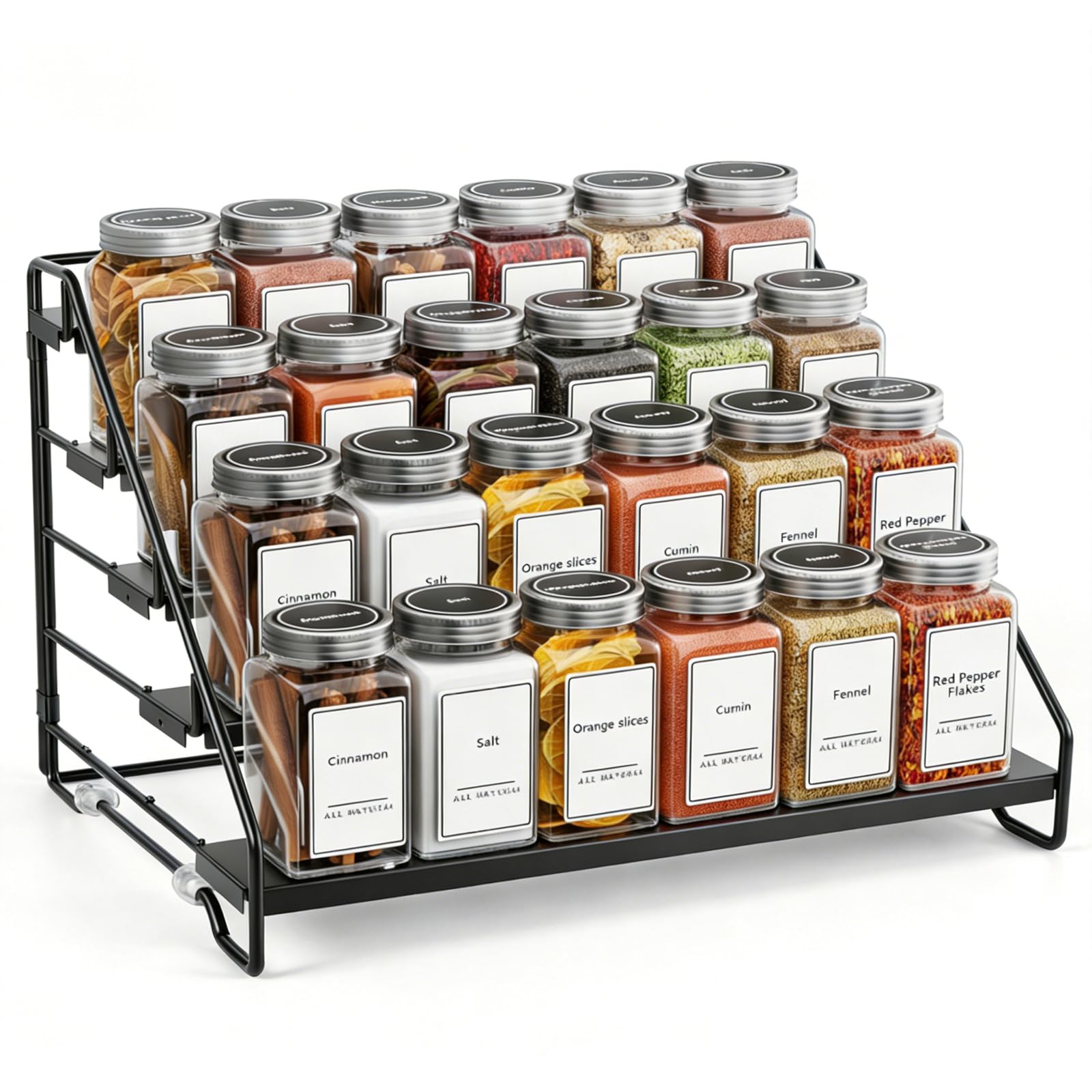 Veyera Spice Rack, 4 Tier Heavy Duty Carbon Steel Spice Storage Organiser for Kitchen Countertop, Tiered Seasoning Organizer Spices Shelf Free Standing for Inside Cupboard, Pantry, Countertop