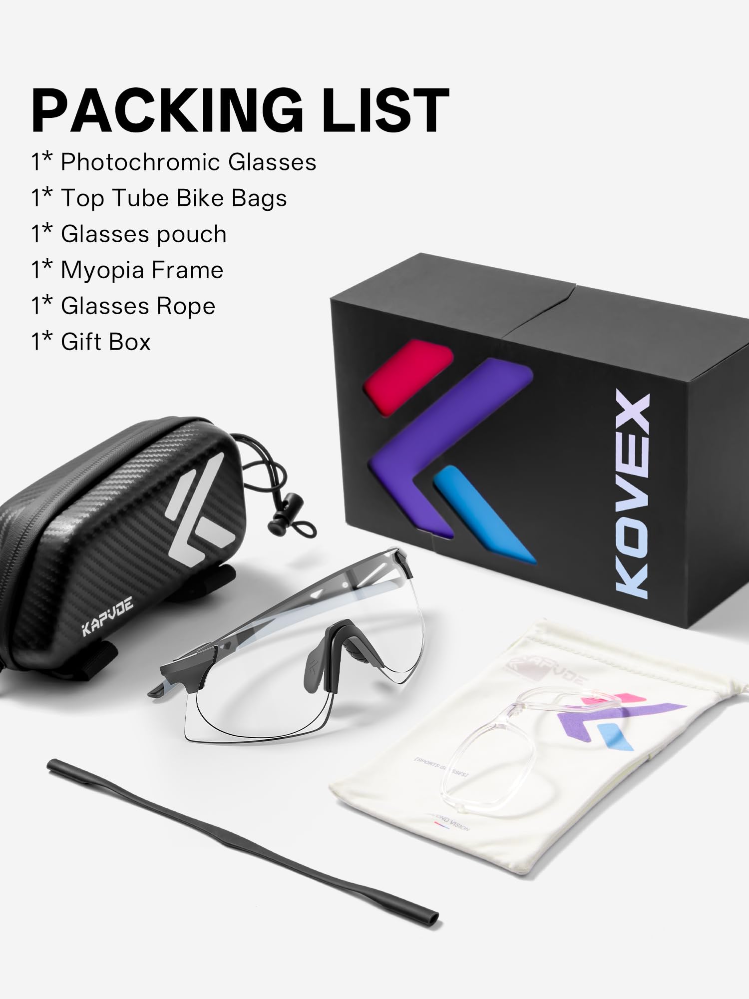 KOVEX Lunettes Velo Photochromique Lunette de Soleil Sport Cyclisme Homme Femmes Route VTT Running Course a Pied Base-ball Golf K242