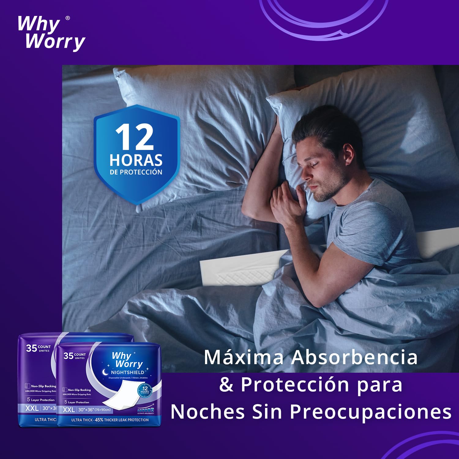 WhyWorry NightShield - Travesaños de cama para personas mayores, 76 x 90 cm, protector de cama para incontinencia adultos, absorbentes desechables salvamanteles, impermeables y antiolores, para mujer