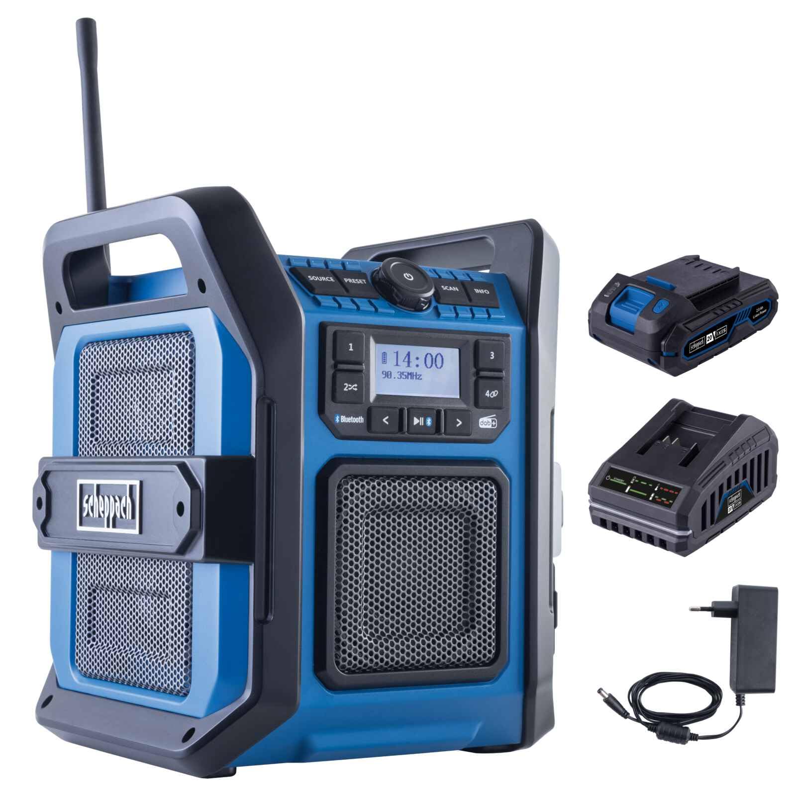 Scheppach Akku Baustellenradio C-DAB30-X | Empfang DAB+ & FM, Audio Bluetooth & USB-A | 30W Lautsprecher | Preset Equalizer, TWS Sound | 20V-IXES-Serie | 10 Jahre Garantie | mit 2Ah Akku & Ladegerät