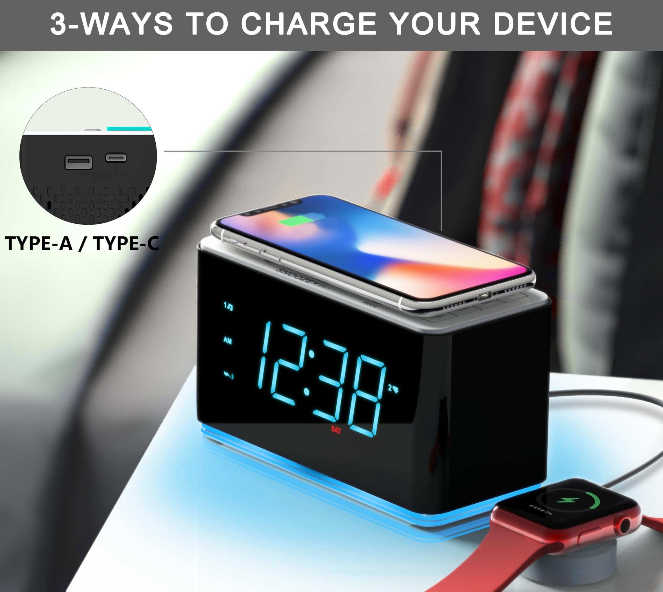 iTOMA Radio Despertador con Cargador inalámbrico de 15w, App Control, FM Radio, Bluetooth, Dos Puertos de Carga, Despertador Doble, cronómetro de sueño, Snooze, dimmer, luz Nocturna 207A