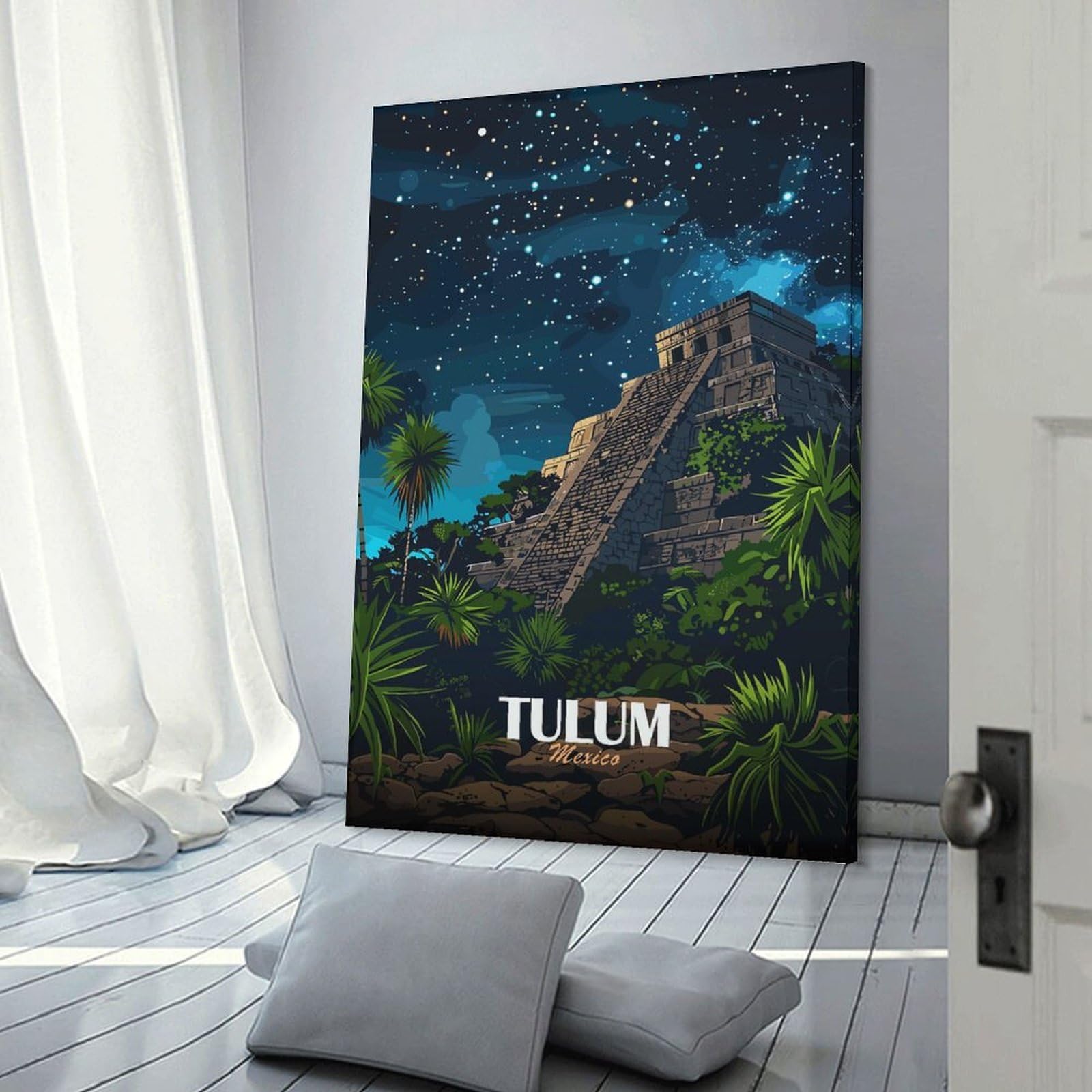 Junmoney Decorative Canvas Print Tulum Mexico Night Sky Pyramid, 20x30inch(50x75cm), for Study, Office Or Apartment Decor, Gift Idea for Housewarming And Birthdays