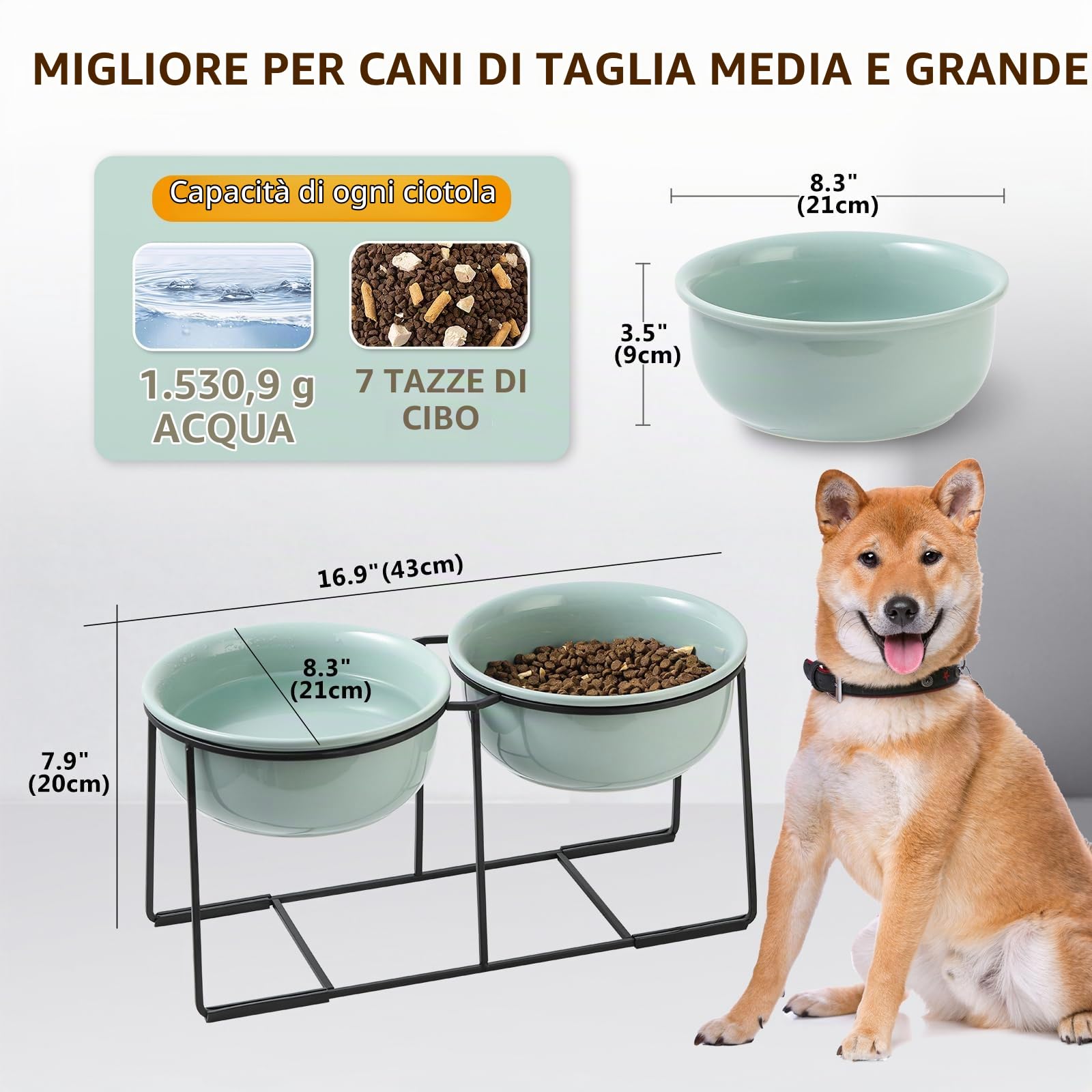 Set di ciotole per cani grandi, ciotola per cibo e acqua per cani con supporto antiscivolo, doppie ciotole in ceramica pesante – 2 x 1600 ml