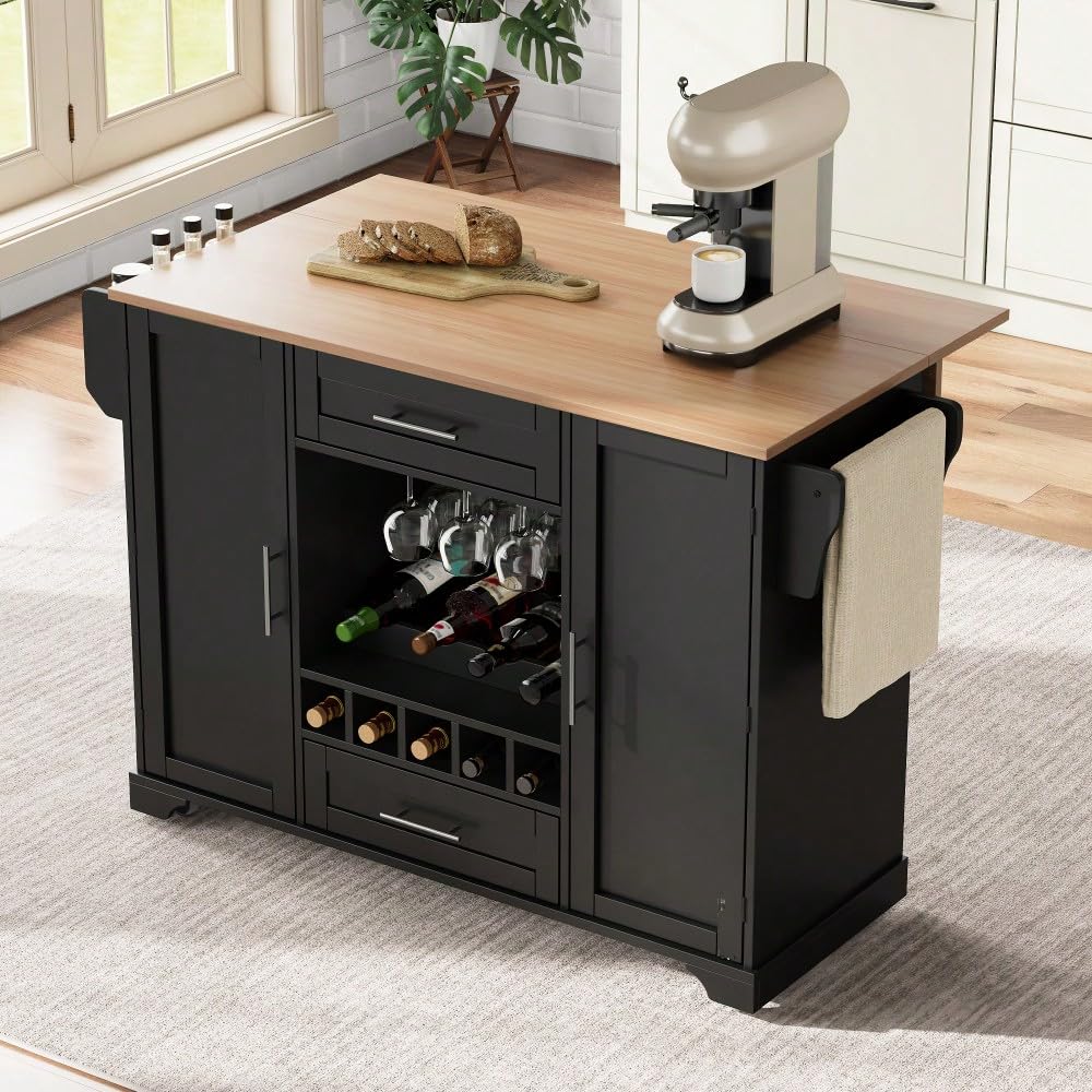 Tavolo da cucina con occhio mobile nero – piano di lavoro pieghevole, stoccaggio integrato (vino, bicchieri, spezie) e portasciugamani (nero + naturale + MDF + europeo)